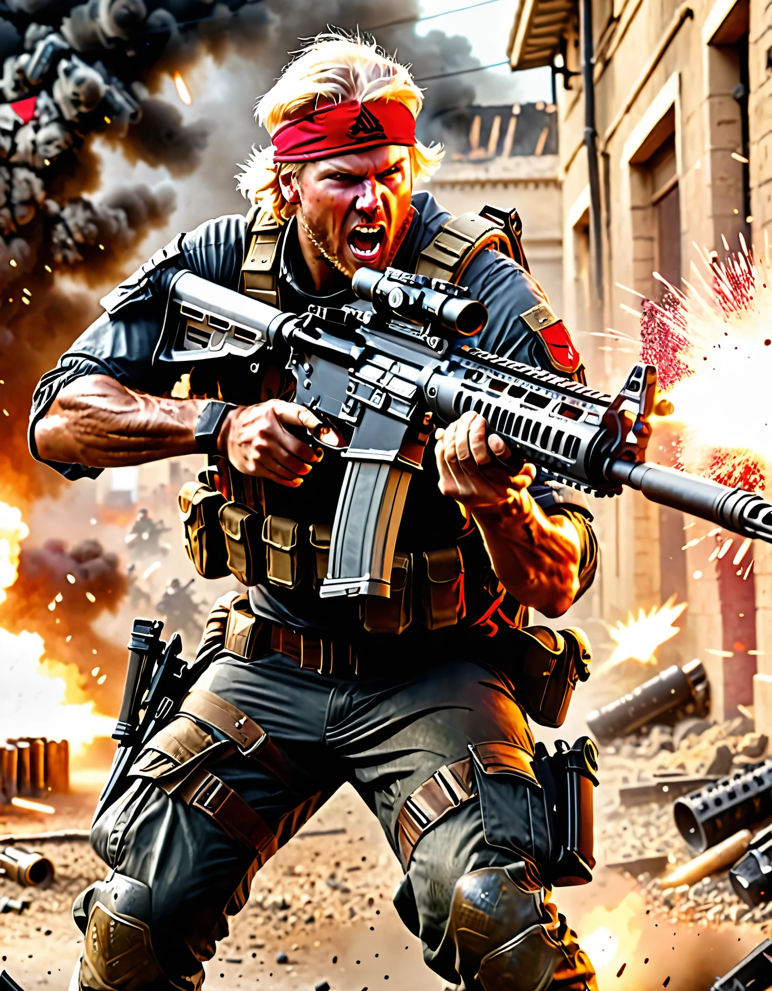 masterpiece, best quality, highres, 1man, solo, solo focus, male focus, mercenary, blonde hair, brown eyes, combat boots, red headband, using an assault rifle, angry, screaming, rifle shell casings, war zone, muzzle flash
