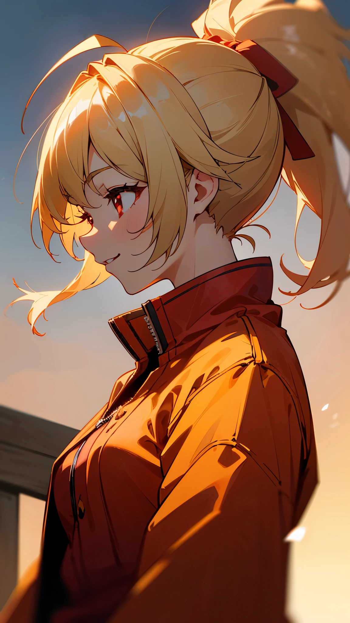 1 girl、8k、Sharp focus、(Bokeh) (highest quality) (Detailed skin:1.3) (Intricate details) (anime)、Genki girl、Small breasts、Red Riders Jacket、blonde、Beautiful red eyes、ponytail、Ahoge、gloves、Bright smile、terrace、Blowing in the wind、Golden Hour Sky、profile、Upper body close-up