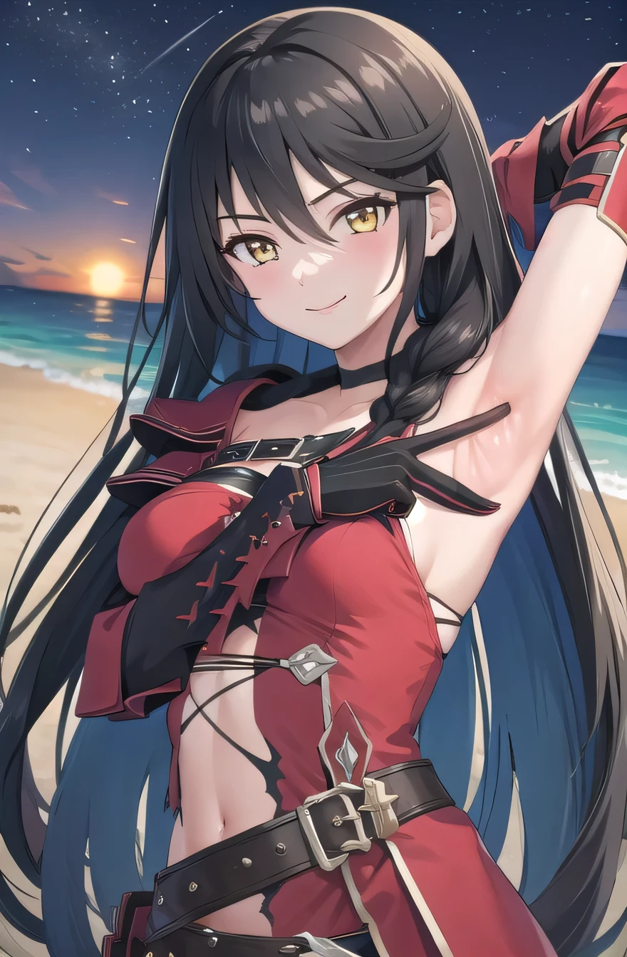 velvet_crowe, (masterpiece, best quality, detailed), 1girl, solo, looking at viewer, anime coloring, long hair, very long hair, medium breasts, choker, bandages, black choker, torn clothes, underboob, hair between eyes, bandaged arm, braid,
armor, breastplate, armored dress,  bodysuit, belt, gloves, shoulder armor, solo, upper body, beach, night sky, arms behind head, spread armpits, midriff, contrapposto, smile, closed mouth,