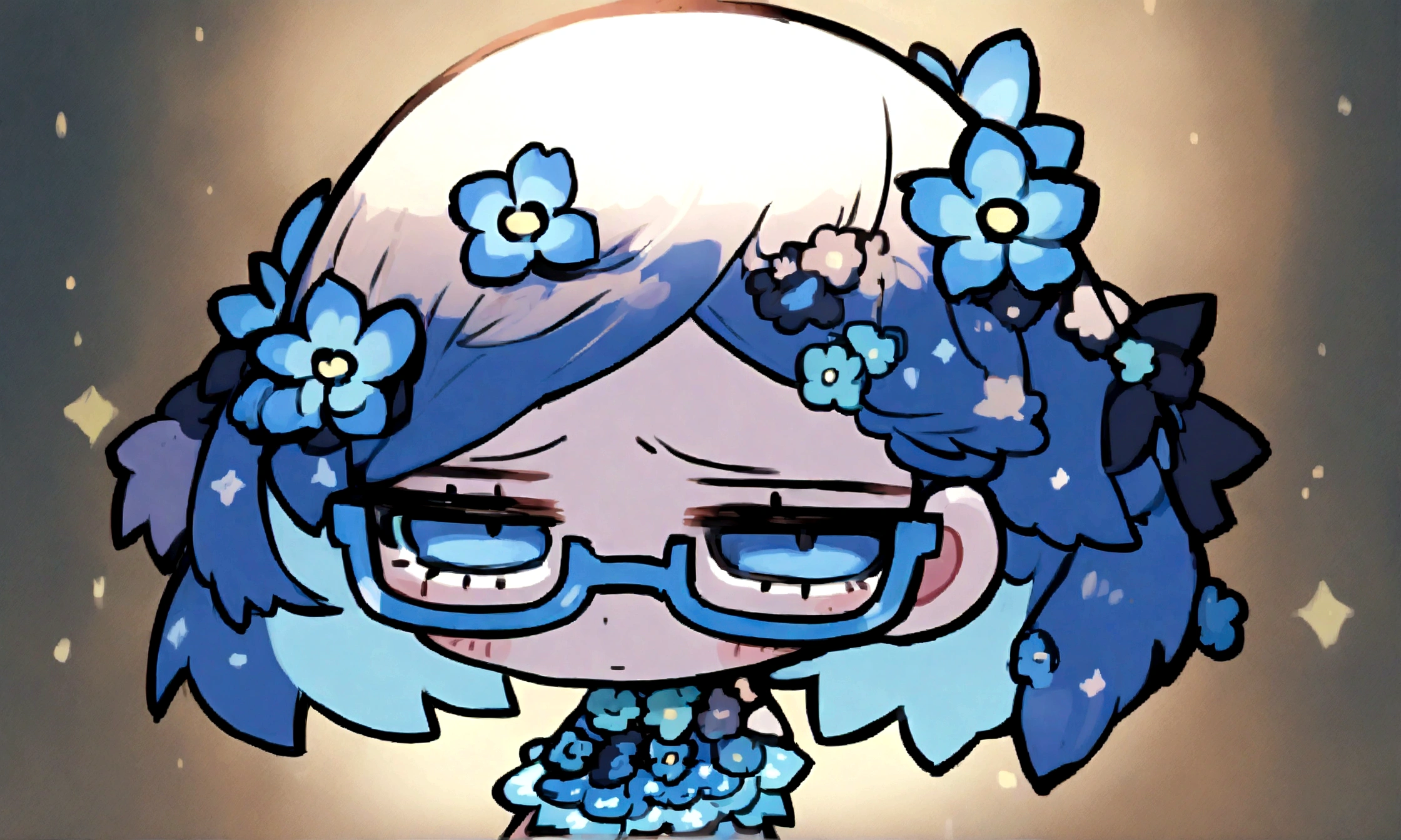 a sad looking chibi female wearing a blue floral outfit, wearing glasses, has a short, in the moonlight dancing, beautiful, perfect looking