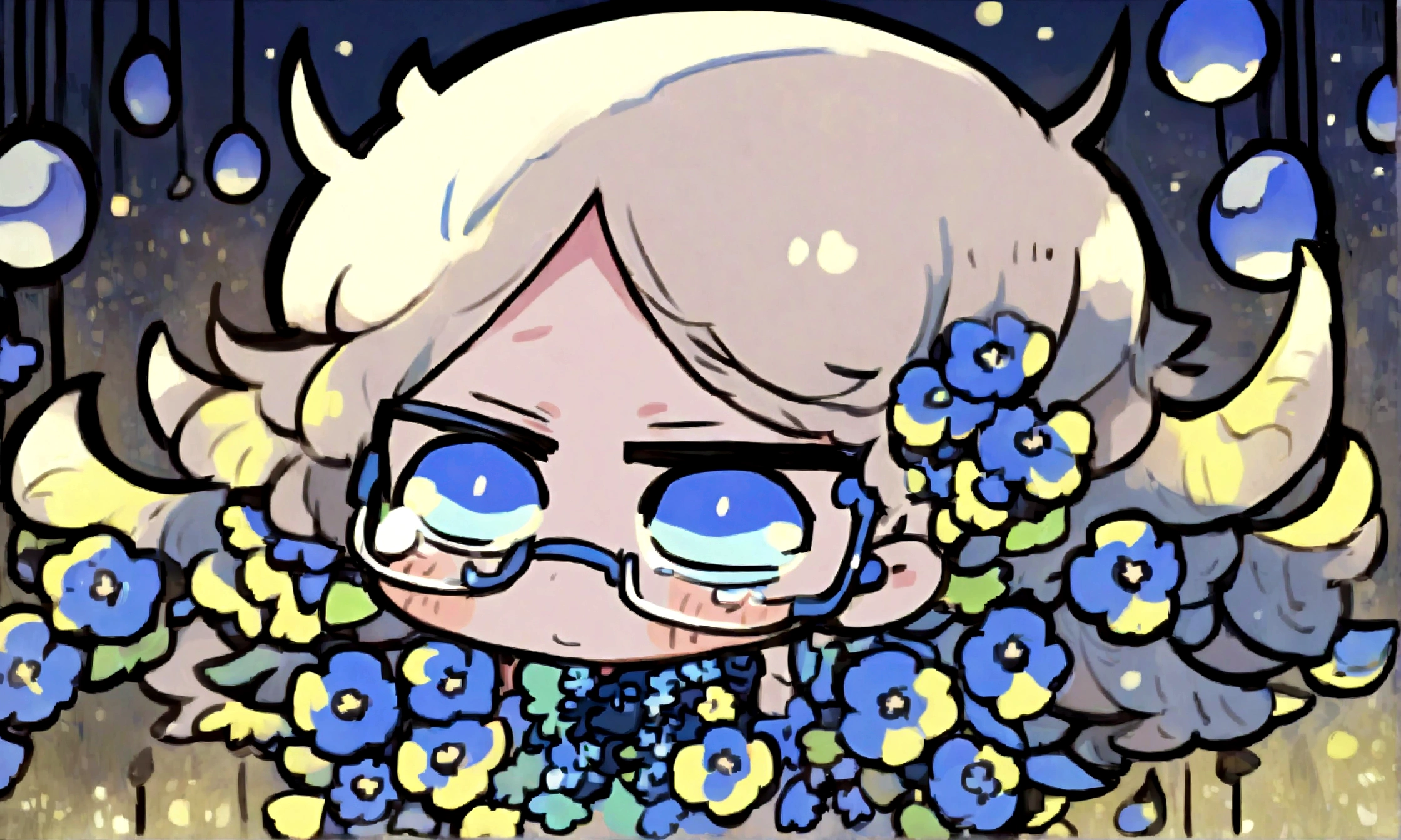 a sad looking chibi female wearing a blue floral outfit, wearing glasses, has a short, in the moonlight dancing, beautiful, perfect looking