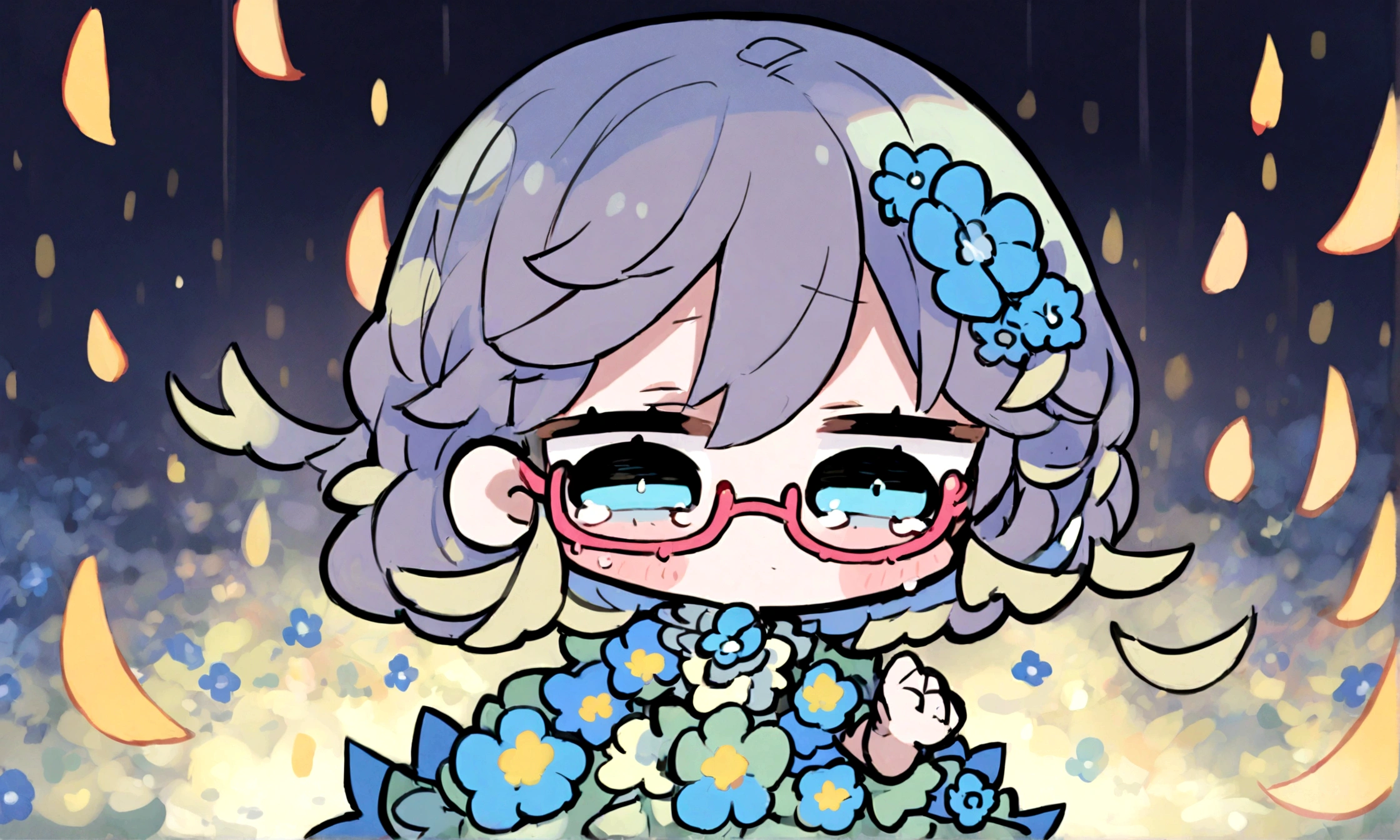 a sad looking chibi female wearing a blue floral outfit, wearing glasses, has a short, in the moonlight dancing, beautiful, perfect looking