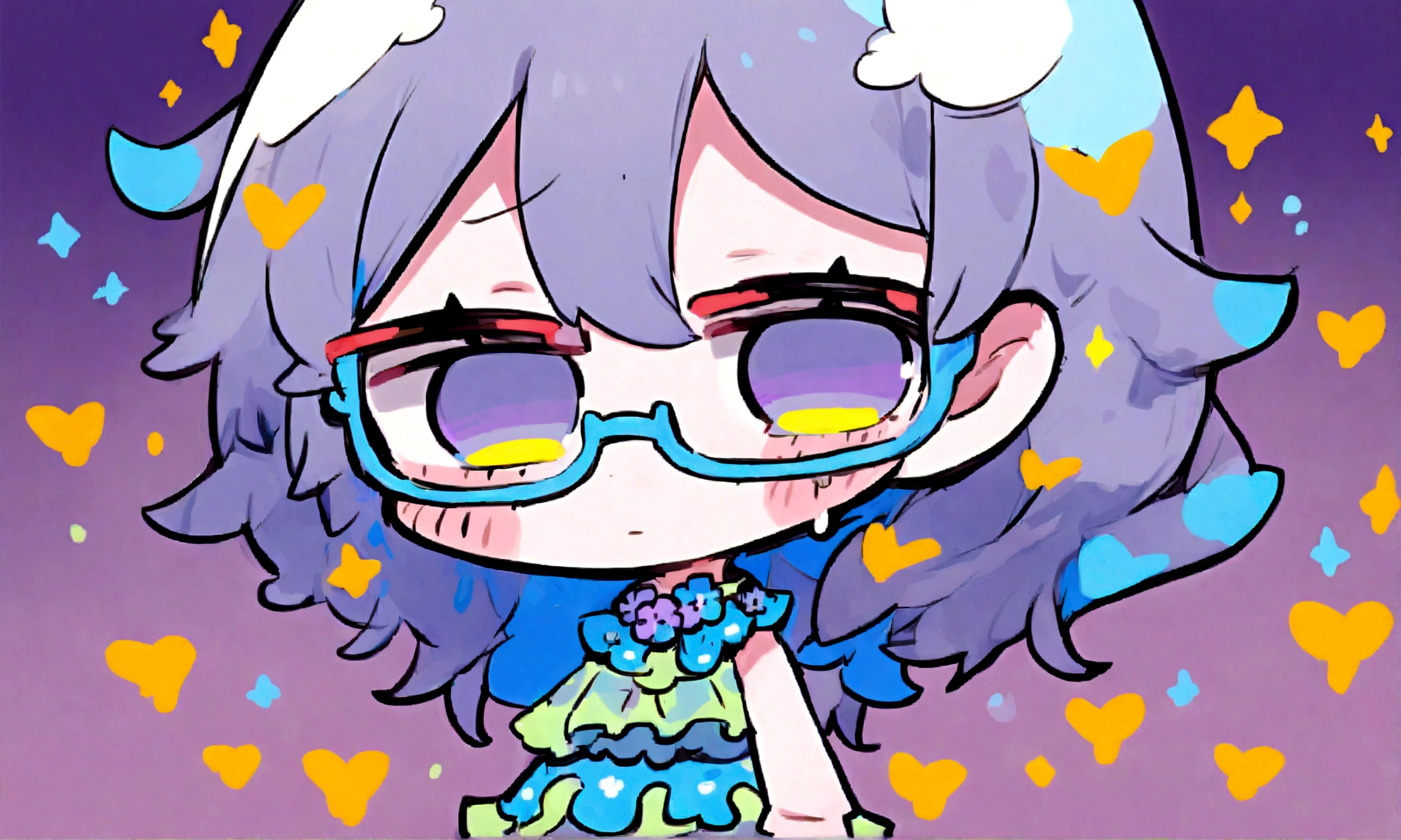 a sad looking chibi female wearing a blue floral outfit, wearing glasses, has a short, in the moonlight dancing, beautiful, perfect looking