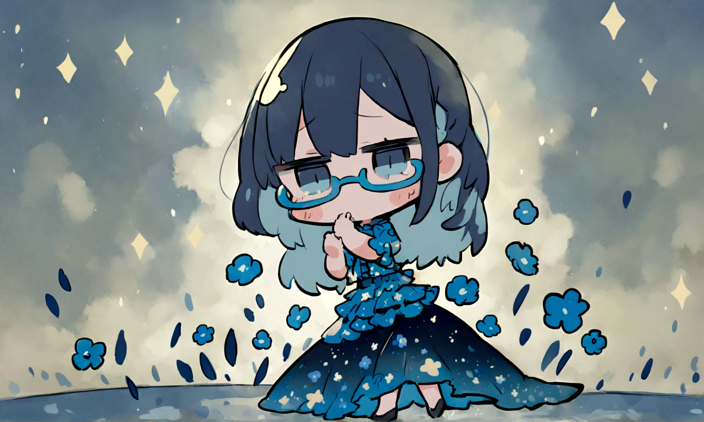 a sad looking chibi female wearing a blue floral outfit, wearing glasses, has a short, in the moonlight dancing, beautiful, perfect looking