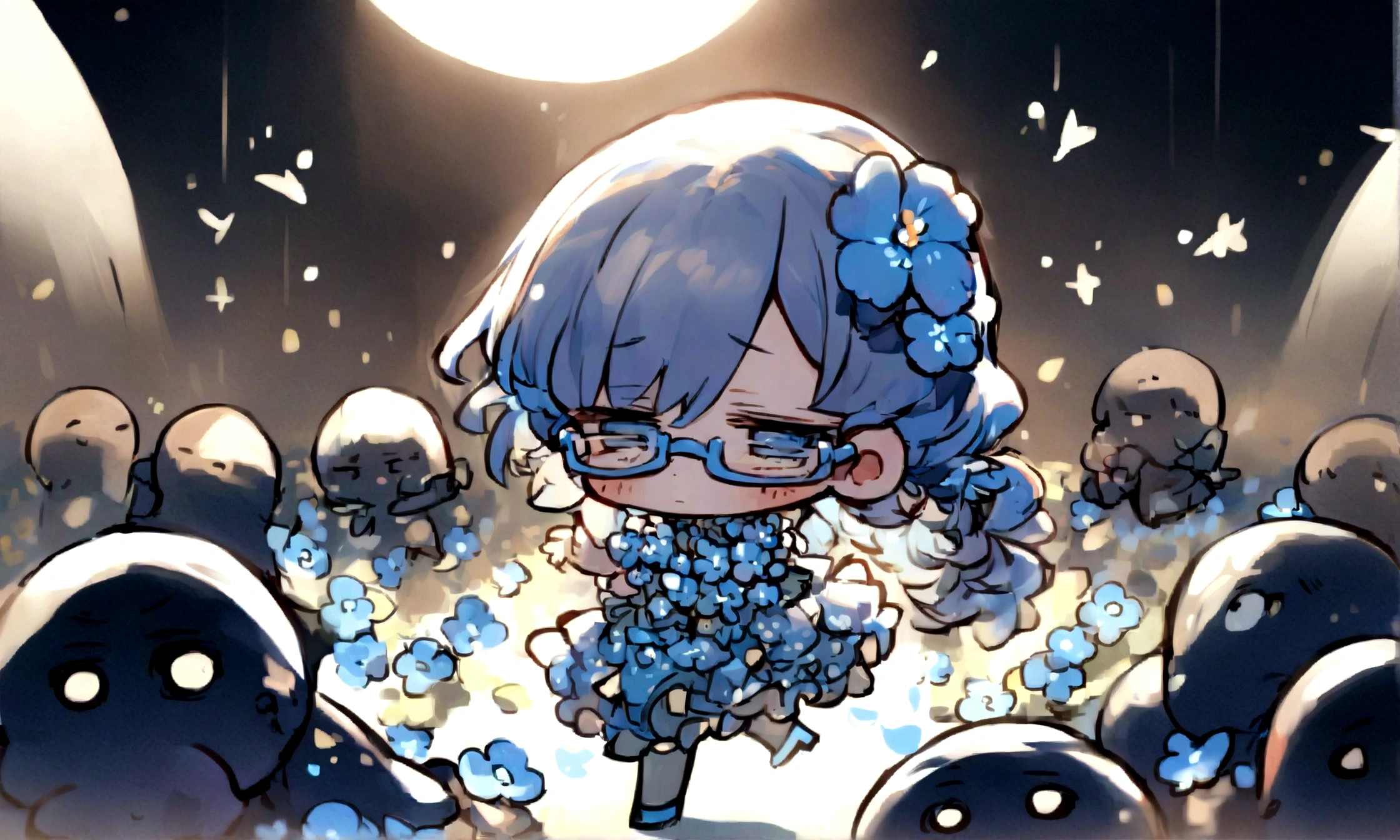 a sad looking chibi female wearing a blue floral outfit, wearing glasses, has a short, in the moonlight dancing, beautiful, perfect looking