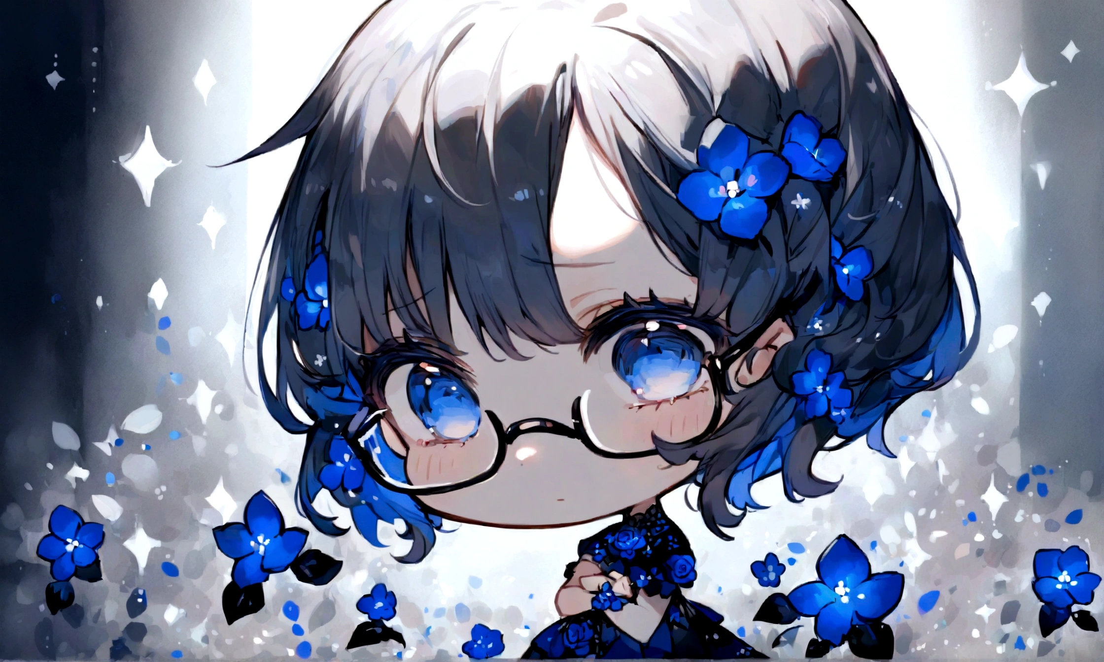 a sad looking chibi female wearing a blue floral outfit, wearing glasses, has a short, in the moonlight dancing, beautiful, perfect looking