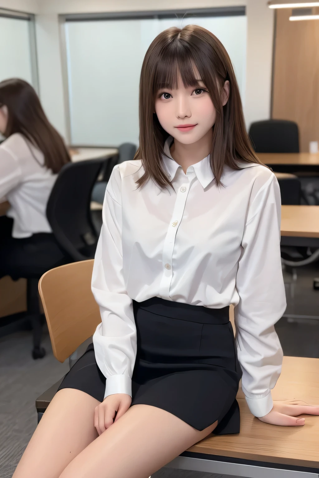 Tabletop, highest quality, One Girl, (Beautiful girl, Delicate girl:1.3), (15 years old:1.3), Very fine grain definition, (Symmetrical eyes:1.3), Big Breasts, Brown eyes, Parted bangs, Brown Hair, Chiquita, (Eye and facial details:1.0), Get closer to the face, Zoom in on face, Face Focus, perfectly trimmed fingers,whole body,university student,office Street,Neat clothes,Wearing a skirt and crossing her legs,Her pants are a little visible