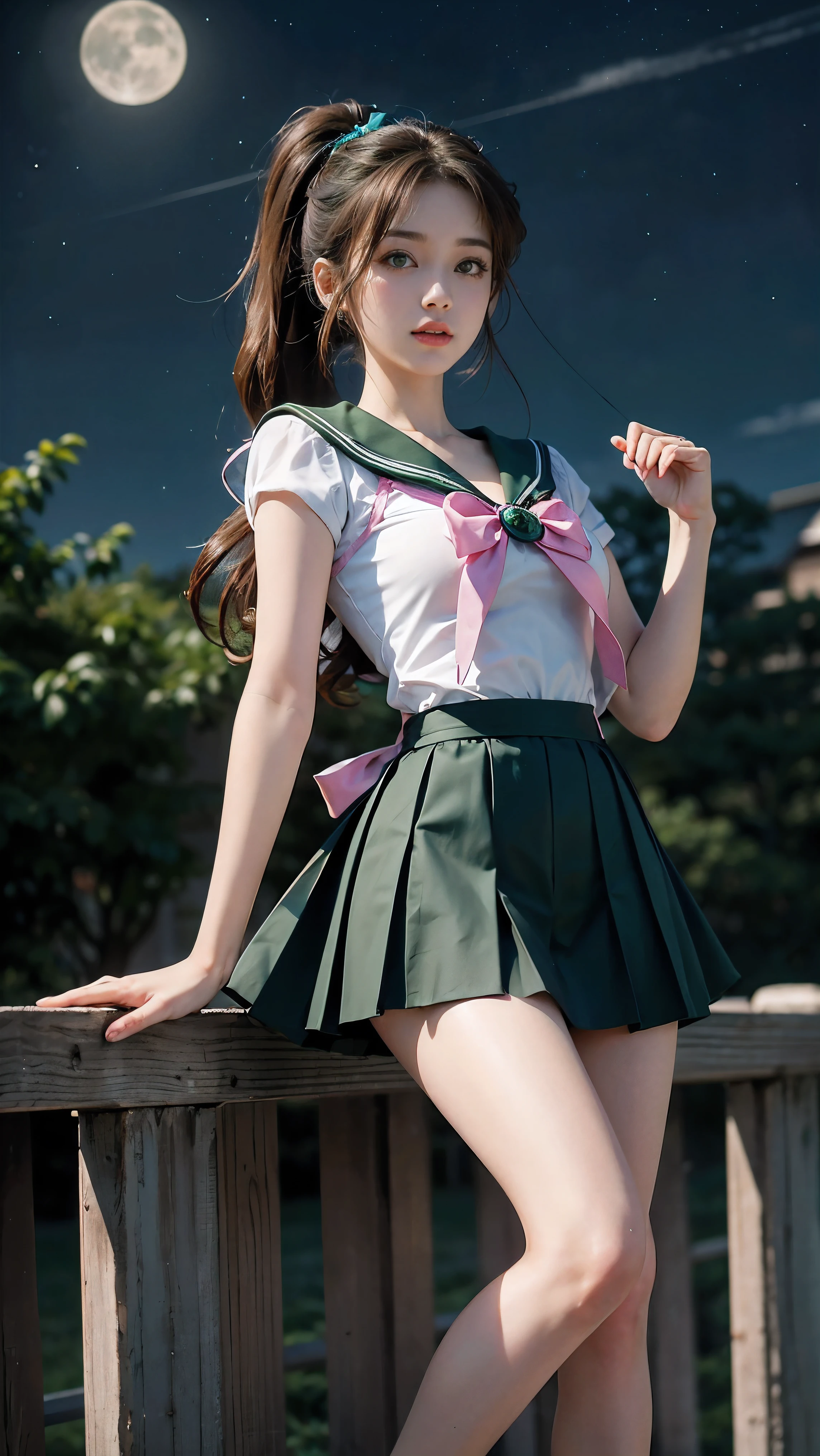 A beautiful young woman with long brown hair in a ponytail, green eyes, and a height of 170cm, sailor moon by the moon, sailor jupiter, pink ribbon on chest, pink ribbon,  You can see the scenery from high up, Height is 172, You have a pretty body., I also like exercising, He has mysterious green eyes. the skirt is green. long legs, very good body. 