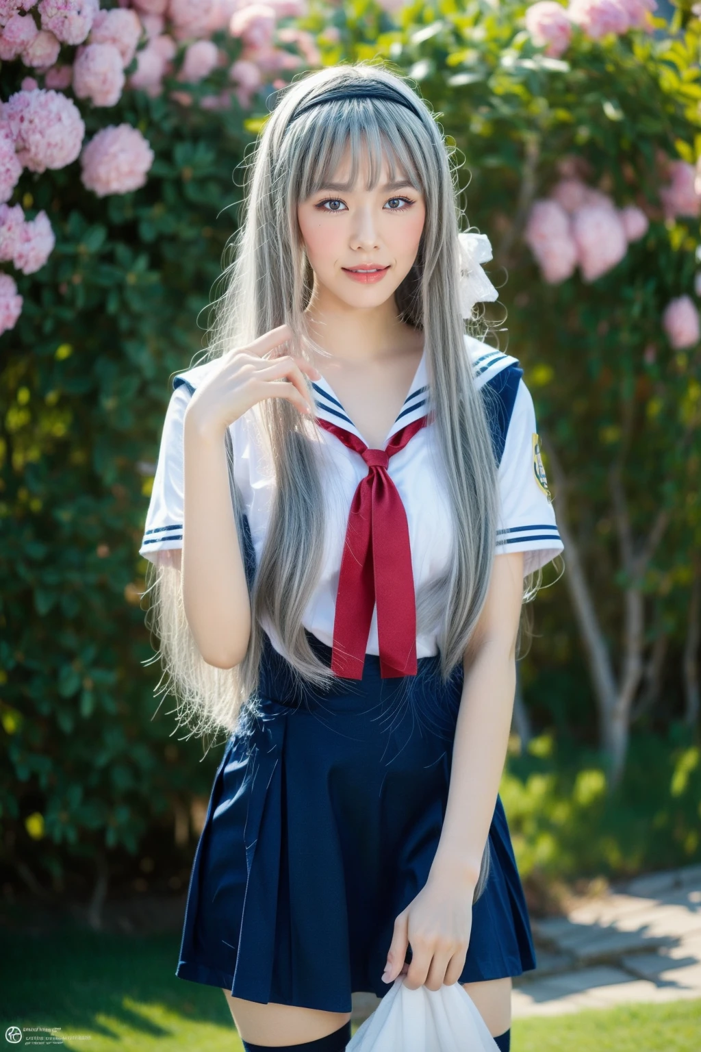 ultra-detailed,highly detailed,best quality,masterpiece,illustration,realistic,photorealistic,
clannad, hikarizaka private high , summer uniform, 
1girl, solo, cosplay, 
serafuku, short sleeves shirt, sailor collar, suspender skirt, thighhighs, neck ribbon, 
bangs, hair ornament, very long hair, grey hair, hairband,
looking at viewer, standing, cowboy shot, 
outdoors, photo background, plant, day, cherry blossoms, falling petals, wind,
((perfect eyes, detailed eyes,realistic eyes)), ((sharp face, detailed face, realistic face, natural skin, realistic skin, detailed skin, pores)), ((perfect body, detailed body, realistic body, big proportions)) 