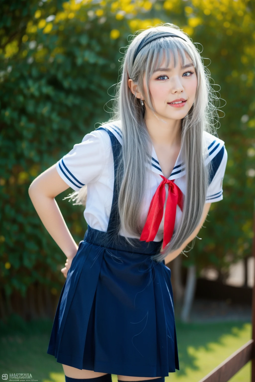 ultra-detailed,highly detailed,best quality,masterpiece,illustration,realistic,photorealistic,
clannad, hikarizaka private high , summer uniform, 
1girl, solo, cosplay, 
serafuku, short sleeves shirt, sailor collar, suspender skirt, thighhighs, neck ribbon, 
bangs, hair ornament, very long hair, grey hair, hairband,
looking at viewer, standing, cowboy shot, 
outdoors, photo background, plant, day, cherry blossoms, falling petals, wind,
((perfect eyes, detailed eyes,realistic eyes)), ((sharp face, detailed face, realistic face, natural skin, realistic skin, detailed skin, pores)), ((perfect body, detailed body, realistic body, big proportions)) 