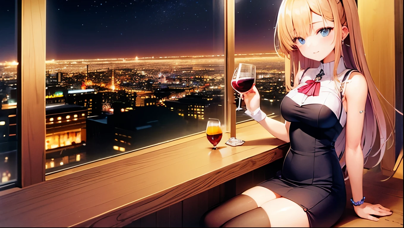 BAR with night view、A shy woman sitting with a glass of wine