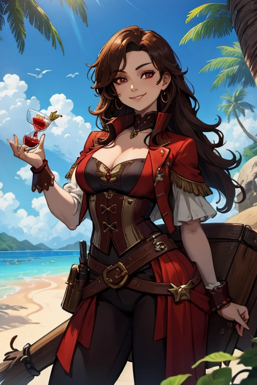 A brown haired woman with red eyes with an hourglass figure in a pirate's outfit is carrying leaning forward while smiling in a tropical smile