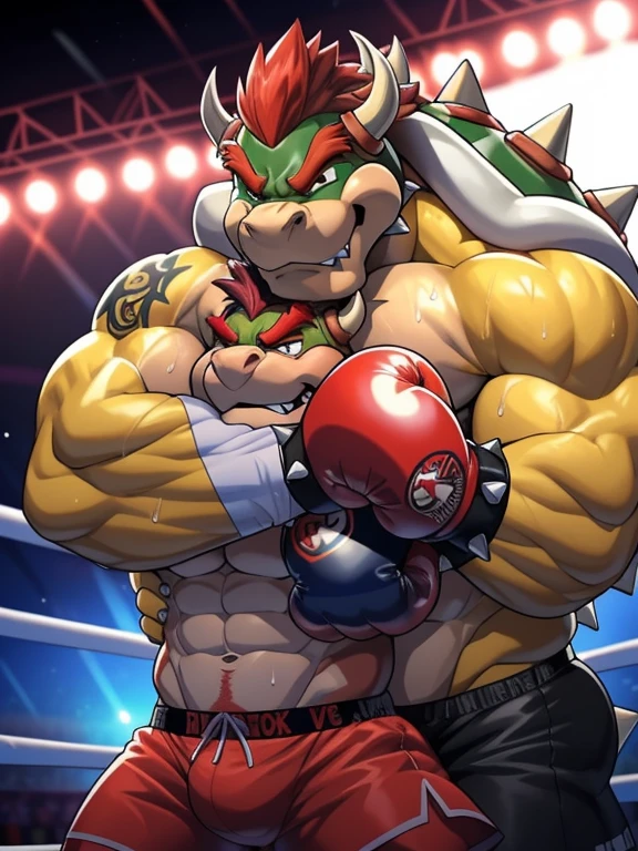 Two male fighters(Bowser vs Dark Bowser, handsomes, perfect eyes, Thick eyebrows), gay(cuddling embraced, flexing abs, in a boxing match), hot(Both are Shirtless, full body, bulges), handsomes(They are handsomes, correct anatomy), musculosos(Big muscle bodies, Six packs, muscle abs, big pecs, muscle backs), sweaty(very sweaty wet bodies, shiny sweat), tatuajes(they have tattoos), Angry(They have an angry expression),boxing gloves(They both are wearing red boxing gloves), boxers(both are wearing Black boxers), Hight resolution