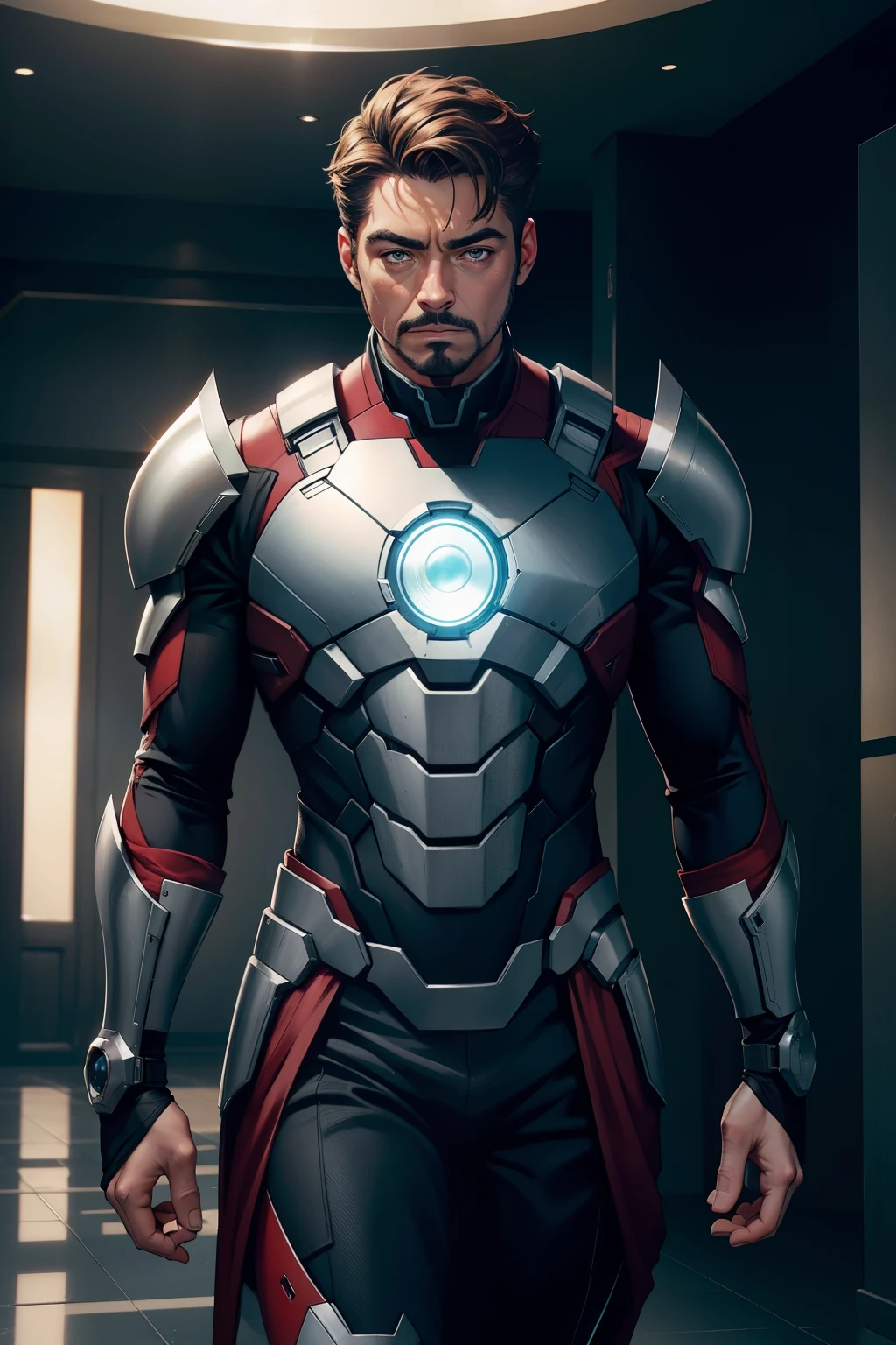 (Foto original: 1.2), (Fotorrealismo: 1.4), personagem Tony Stark usando armadura do Homem de Ferro, without mask, olhos e rosto muito detalhados, lindos olhos detalhados, corpo inteiro, 4k resolution, modelo de alta qualidade, alto detalhe, High definition, surface lighting, Film lighting