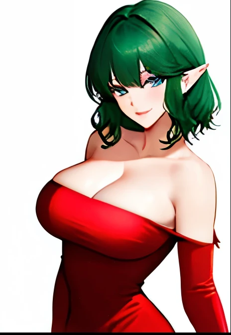  (masterpiece,highest quality,Very delicate,perfect face,8k),Medium short green hair:1.2, Red off-the-shoulder bodycon tube dress ,Red long arm covers,Elf Girl,((Big Breasts)),blue eyes,beautiful smile