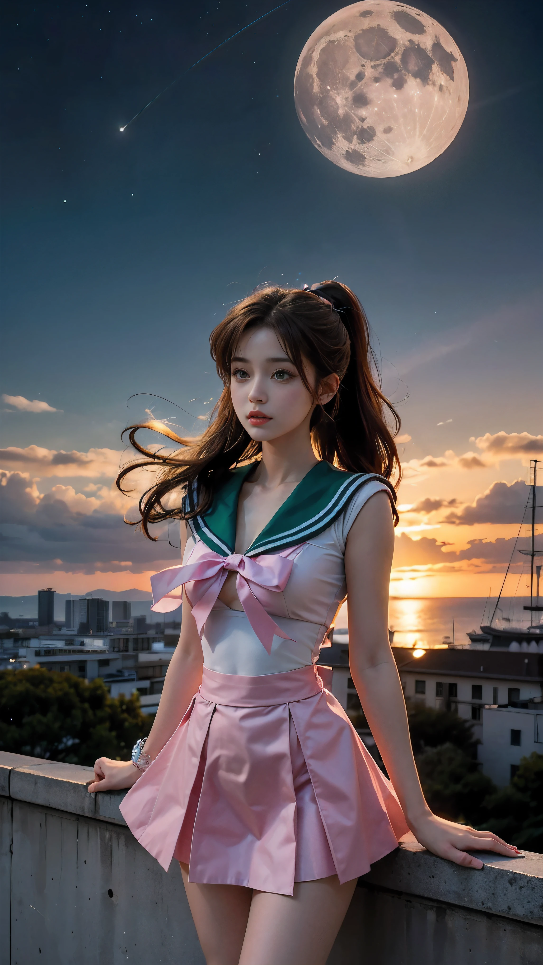 A beautiful young woman with long brown hair in a ponytail, green eyes, and a height of 170cm, sailor moon by the moon, sailor jupiter, pink ribbon on chest, pink ribbon, All ribbons are pink, You can see the scenery from high up, Height is 172, You have a pretty body., I also like exercising, 