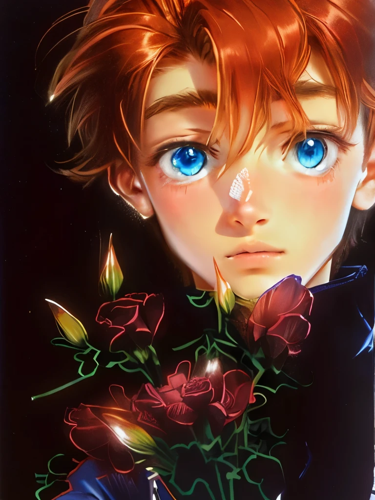 Boys,18 years old,holding a bouquet of flowers,melancholy