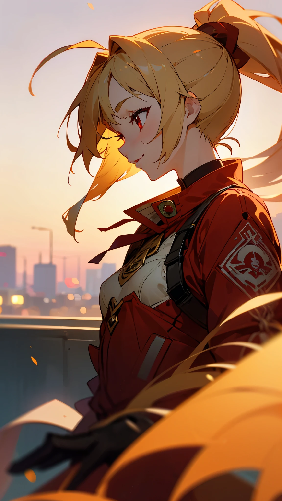 1 girl、8k、Sharp focus、(Bokeh) (highest quality) (Detailed skin:1.3) (Intricate details) (anime)、Genki girl、Small breasts、Red Riders Jacket、blonde、Beautiful red eyes、ponytail、Ahoge、gloves、Bright smile、terrace、Blowing in the wind、Golden Hour Sky、profile、Upper body close-up