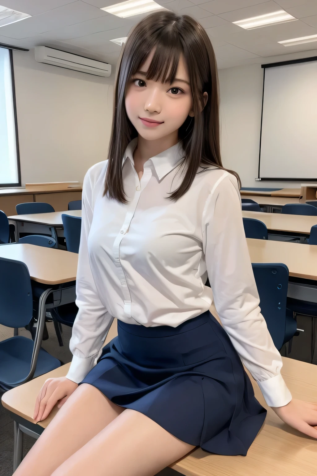 Tabletop, highest quality, One Girl, (Beautiful girl, Delicate girl:1.3), (15 years old:1.3), Very fine grain definition, (Symmetrical eyes:1.3), Big Breasts, Brown eyes, Parted bangs, Brown Hair, Chiquita, (Eye and facial details:1.0), Get closer to the face, Zoom in on face, Face Focus, perfectly trimmed fingers,whole body,university student,University classroom,Neat clothes,Wearing a skirt and crossing her legs,