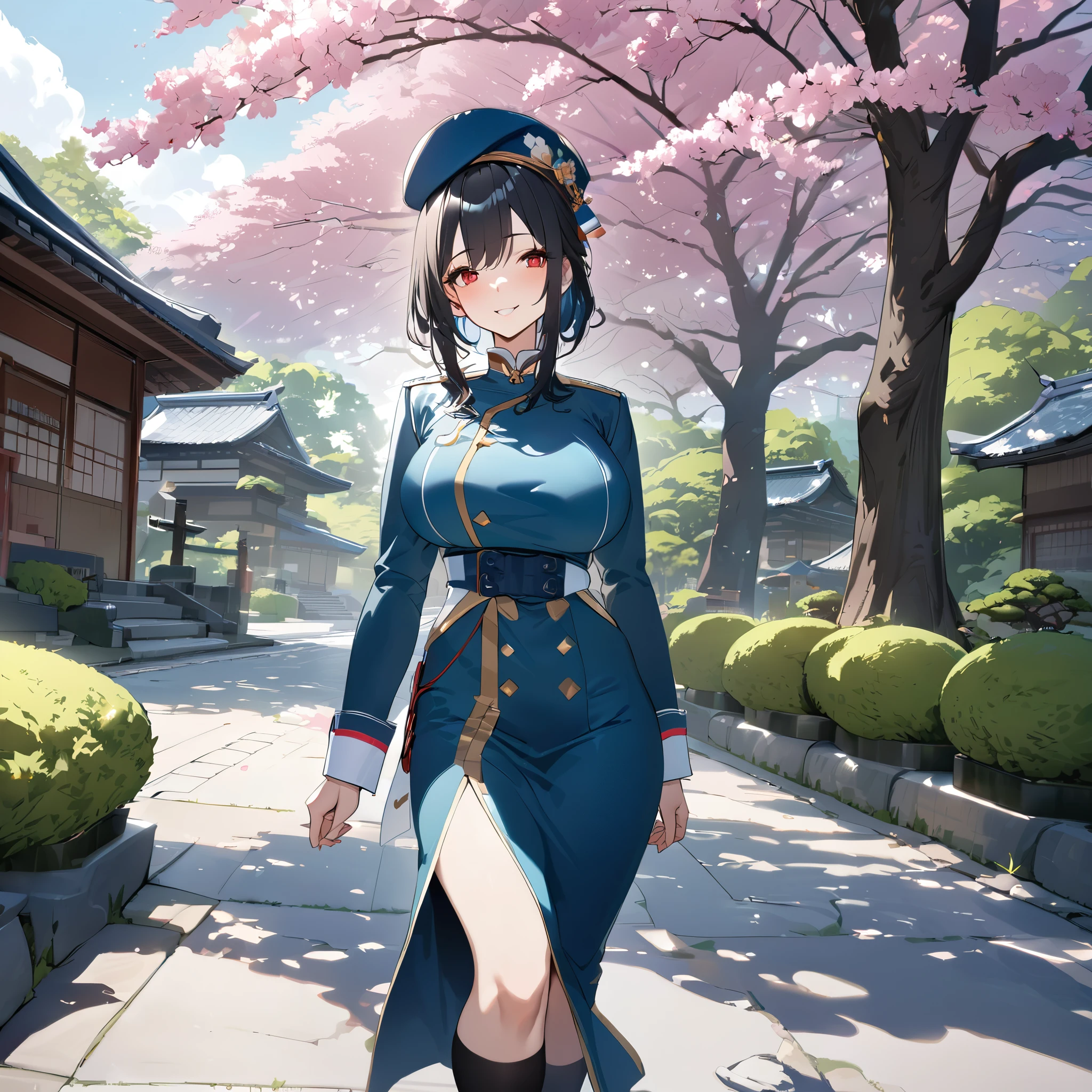 A woman wearing oil blue military uniform, short black hair, red eyes, long black socks, blue heels, blue hat, smiling, big breasts, walking on a concrete sidewalk of a traditional Japanese garden, with sakura trees(solo woman),flower, UHD, masterpiece, accurate, anatomically correct, textured skin, super detail, high quality, best quality, 8k, high resolution, bokeh effect.