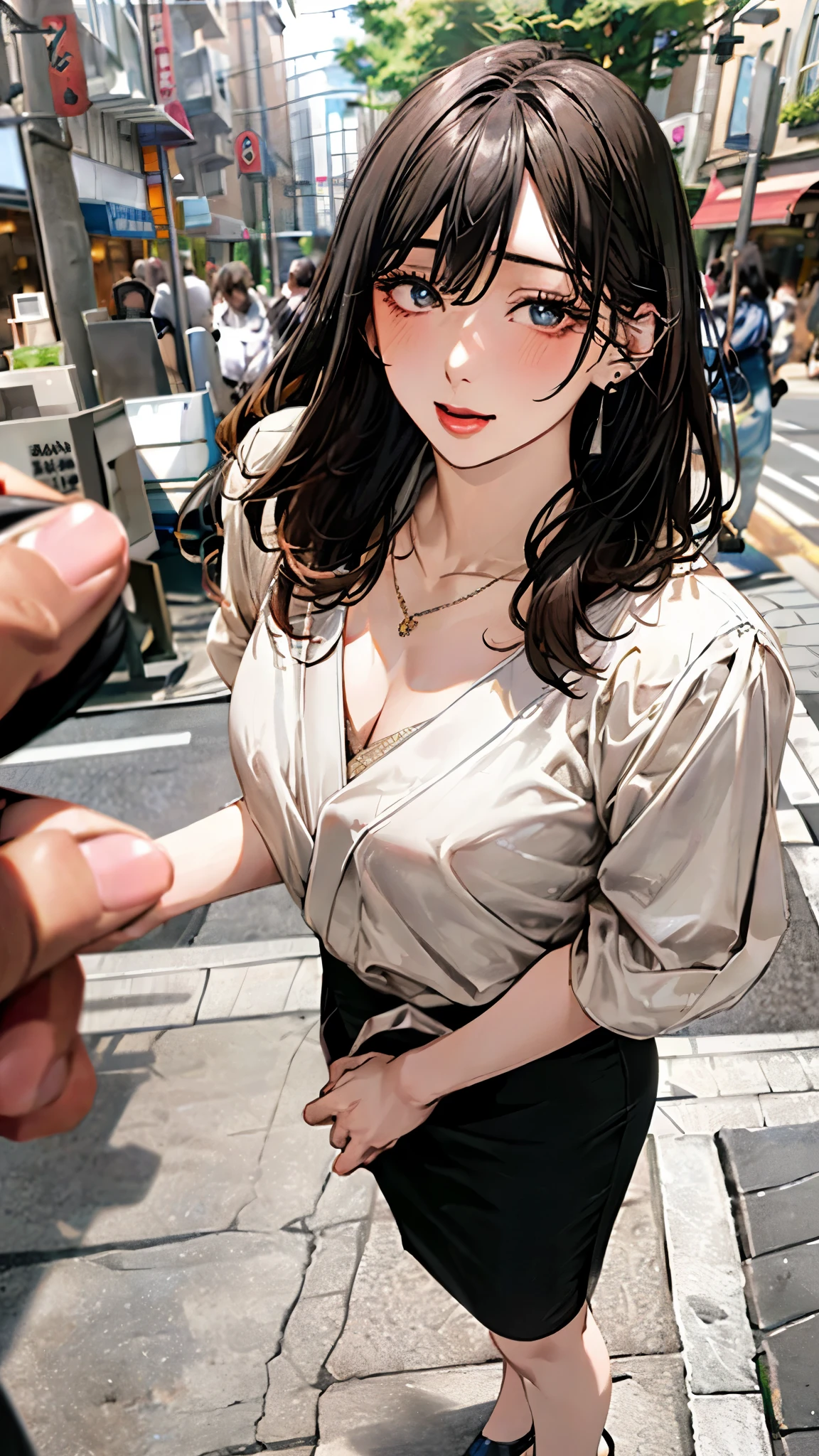 (masterpiece:1.3, top-quality, ultra high res, ultra detailed), (realistic, photorealistic:1.4), beautiful illustration, perfect lighting, natural lighting, colorful, depth of fields, ,
beautiful detailed hair, beautiful detailed face, beautiful detailed eyes, beautiful clavicle, beautiful body, beautiful chest, beautiful thigh, beautiful legs, beautiful fingers, shiny skin,
looking at viewer, 1 girl, japanese women, 22 years old, (perfect anatomy, anatomically correct, super detailed skin), cute and symmetrical face, babyface, perfect face, perfect eyes,
(middle hair, straight hair, sideburns, black hair), hair between eyes, blue eyes, big eyes, long eyelashes, (medium breasts, seductive thighs), curvy,
(detailed cloth texture), (recruit suit, maxi pencil skirt, earrings, necklace, high heels), remote_play,
(beautiful scenery), afternoon, (outside:1.2), crowd, (ahegao, sex orgasm),