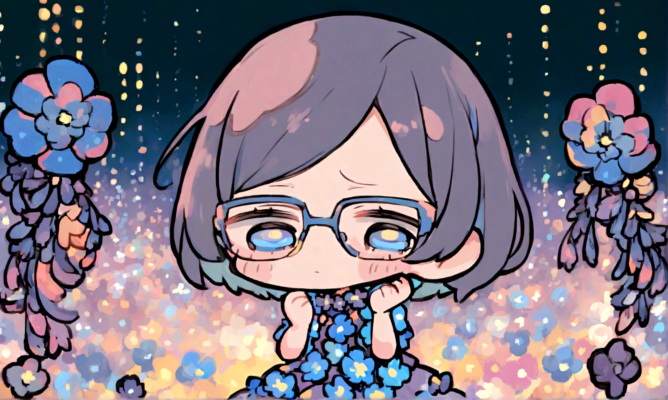 a sad looking chibi female wearing a blue floral outfit, wearing glasses, has a short, in the moonlight dancing, beautiful, perfect looking