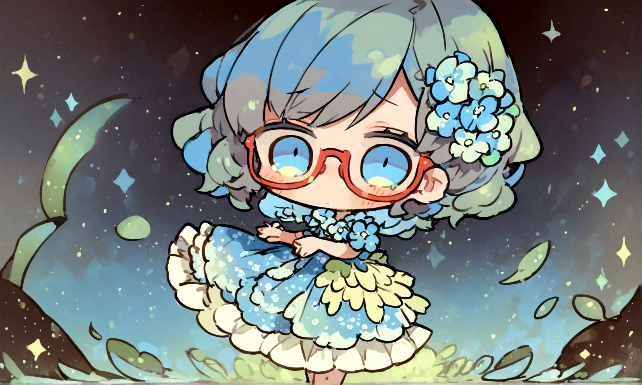 a sad looking chibi female wearing a blue floral outfit, wearing glasses, has a short, in the moonlight dancing, beautiful, perfect looking