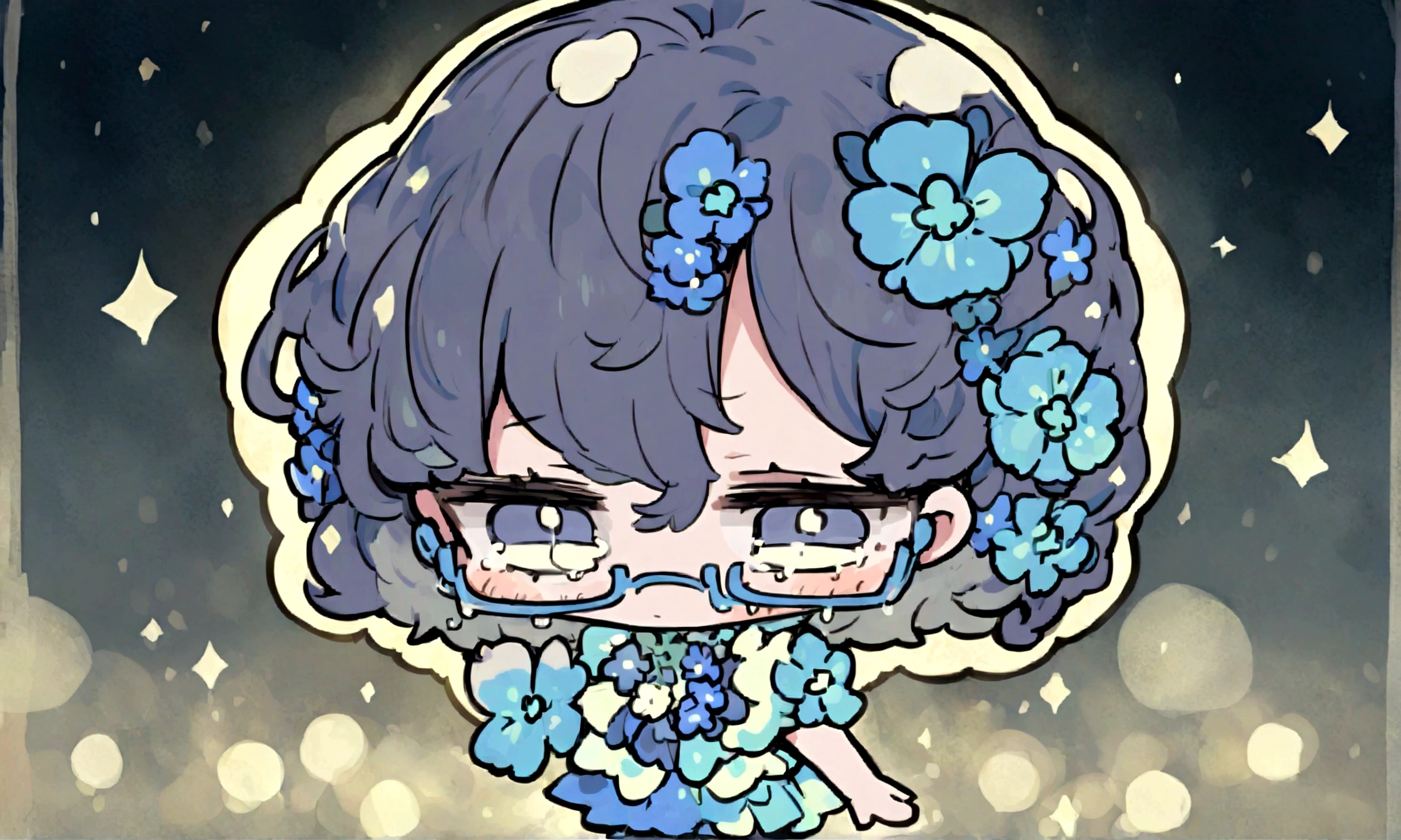 a sad looking chibi female wearing a blue floral outfit, wearing glasses, has a short, in the moonlight dancing, beautiful, perfect looking