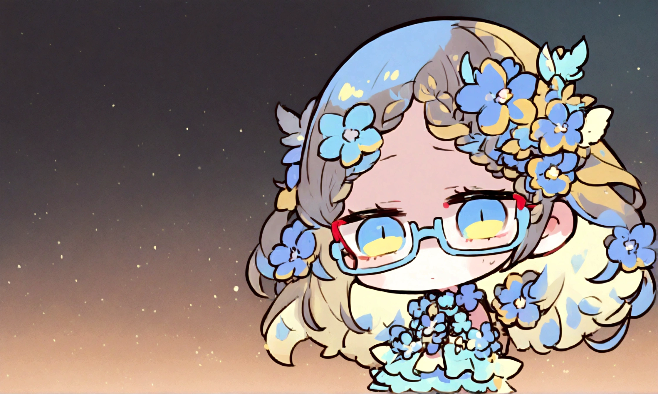 a sad looking chibi female wearing a blue floral outfit, wearing glasses, has a short, in the moonlight dancing, beautiful, perfect looking