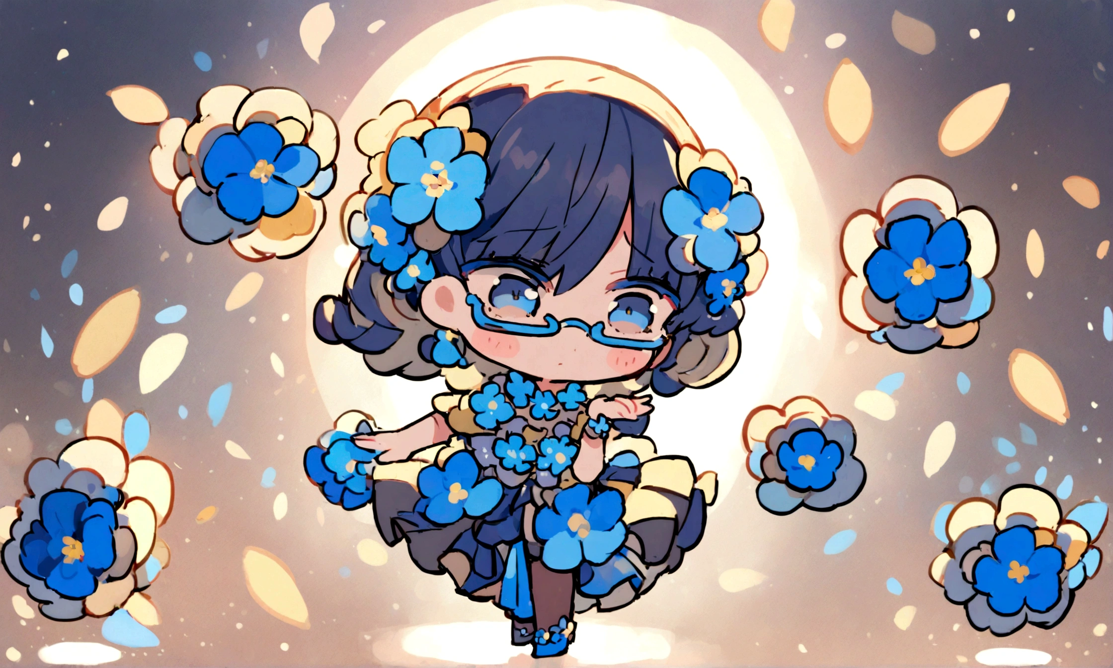 a sad looking chibi female wearing a blue floral outfit, wearing glasses, has a short, in the moonlight dancing, beautiful, perfect looking