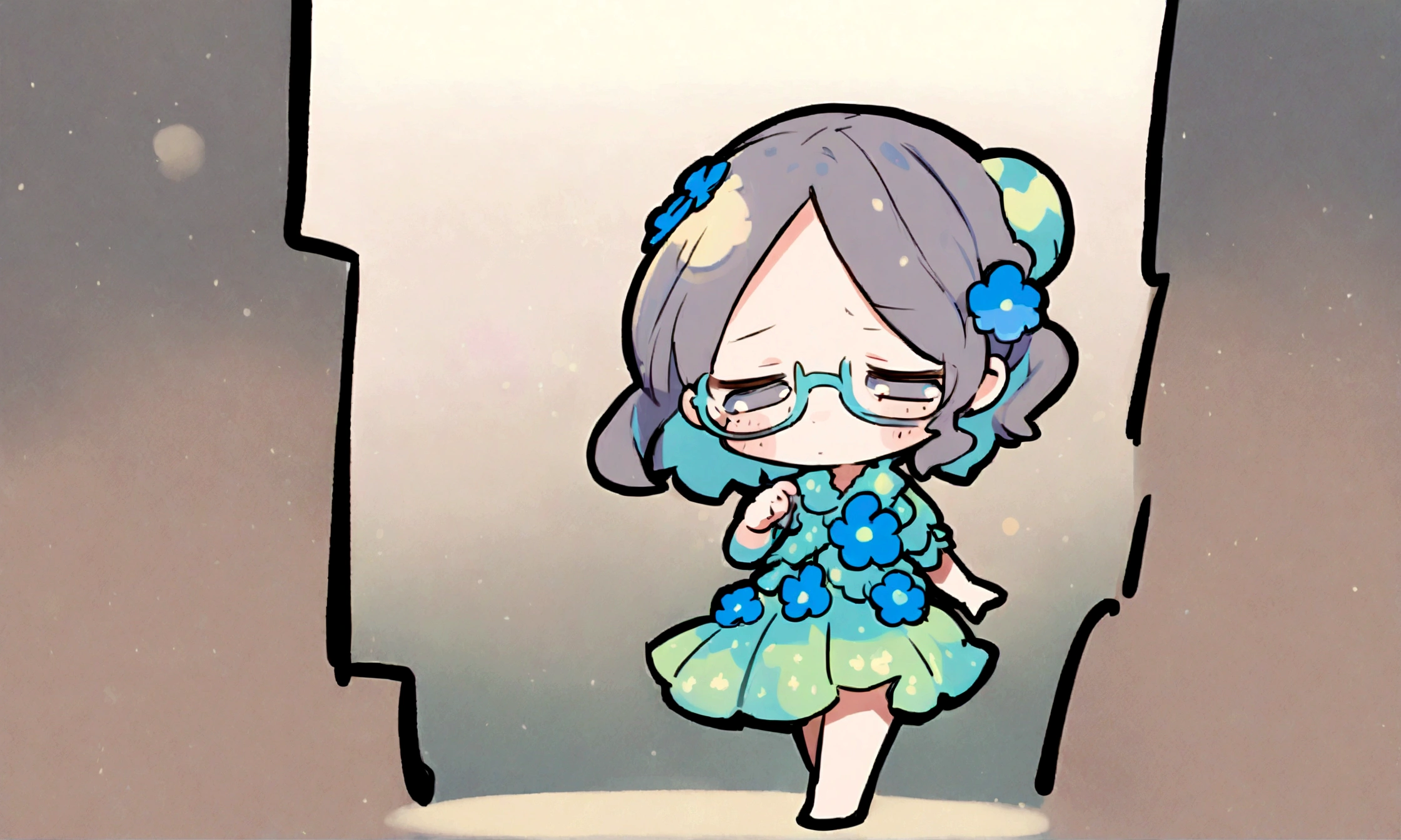 a sad looking chibi female wearing a blue floral outfit, wearing glasses, has a short, in the moonlight dancing, beautiful, perfect looking