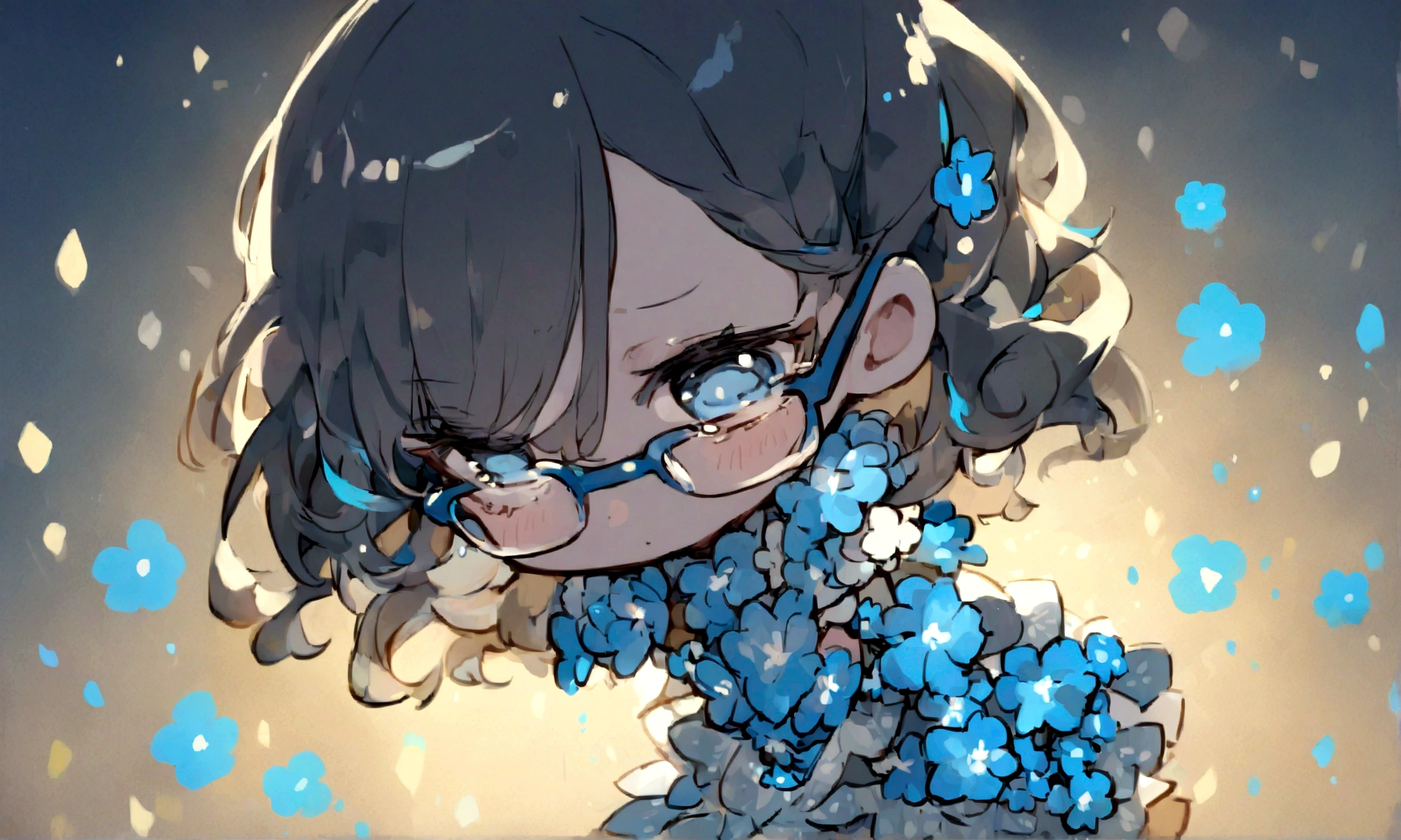 a sad looking chibi female wearing a blue floral outfit, wearing glasses, has a short, in the moonlight dancing, beautiful, perfect looking