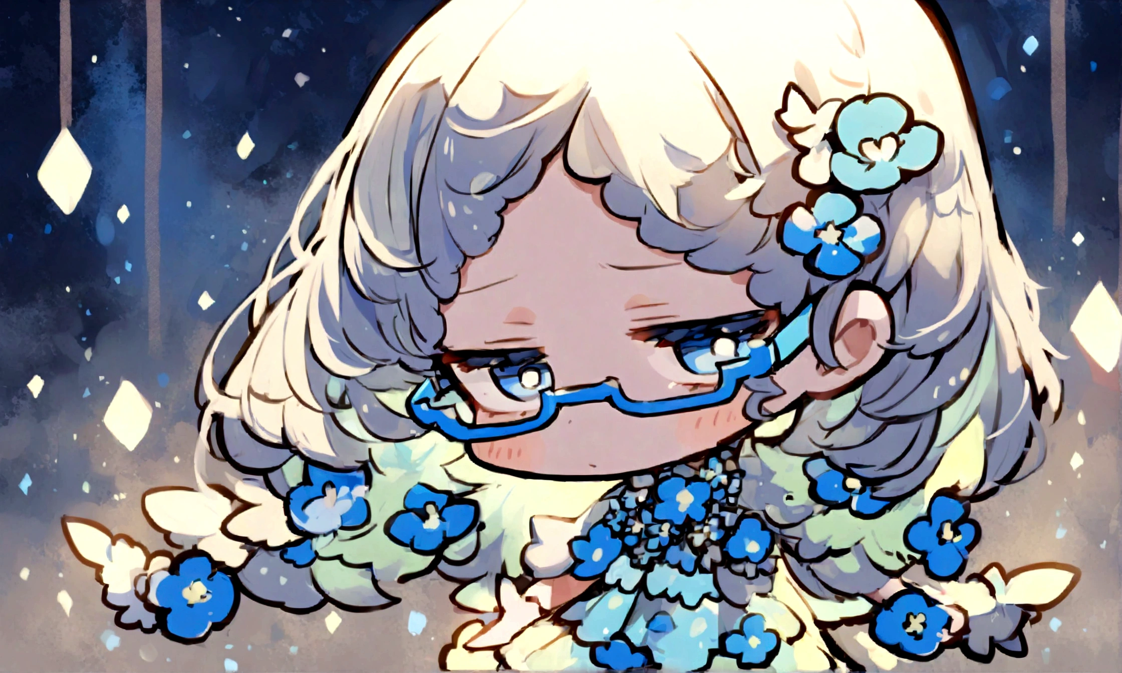 a sad looking chibi female wearing a blue floral outfit, wearing glasses, has a short, in the moonlight dancing, beautiful, perfect looking