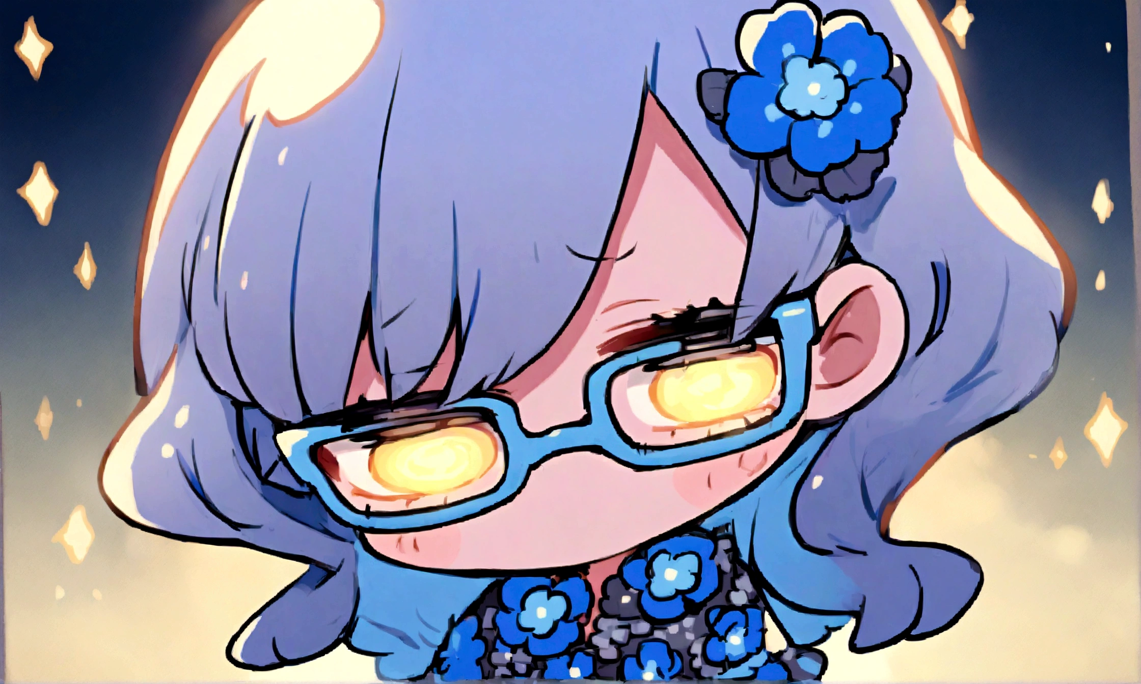 a sad looking chibi female wearing a blue floral outfit, wearing glasses, has a short, in the moonlight dancing, beautiful, perfect looking