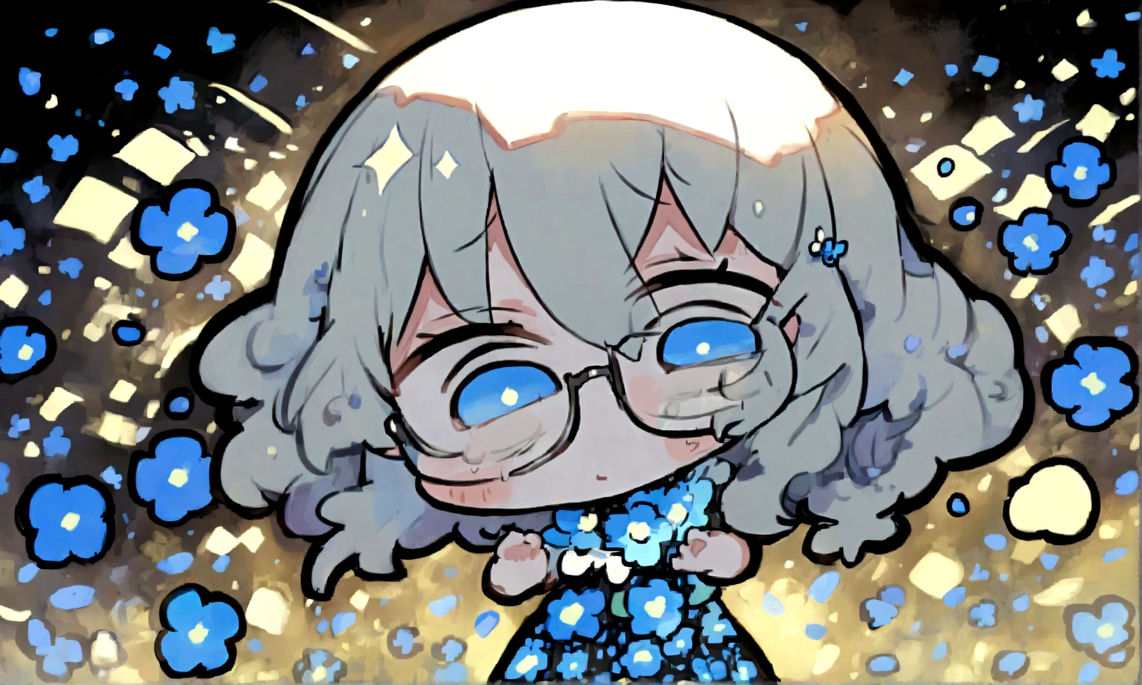 a sad looking chibi female wearing a blue floral outfit, wearing glasses, has a short, in the moonlight dancing, beautiful, perfect looking