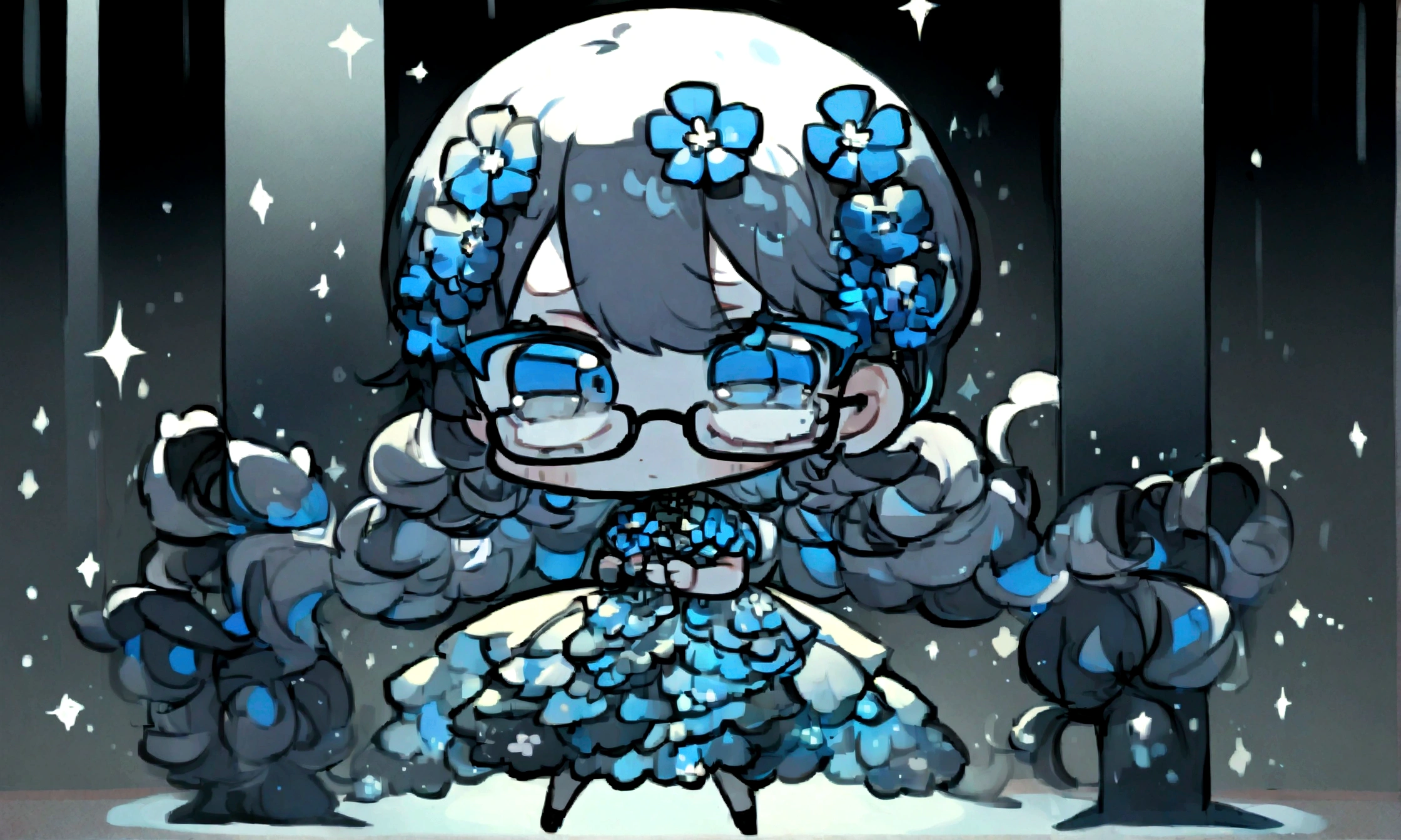 a sad looking chibi female wearing a blue floral outfit, wearing glasses, has a short, in the moonlight dancing, beautiful, perfect looking