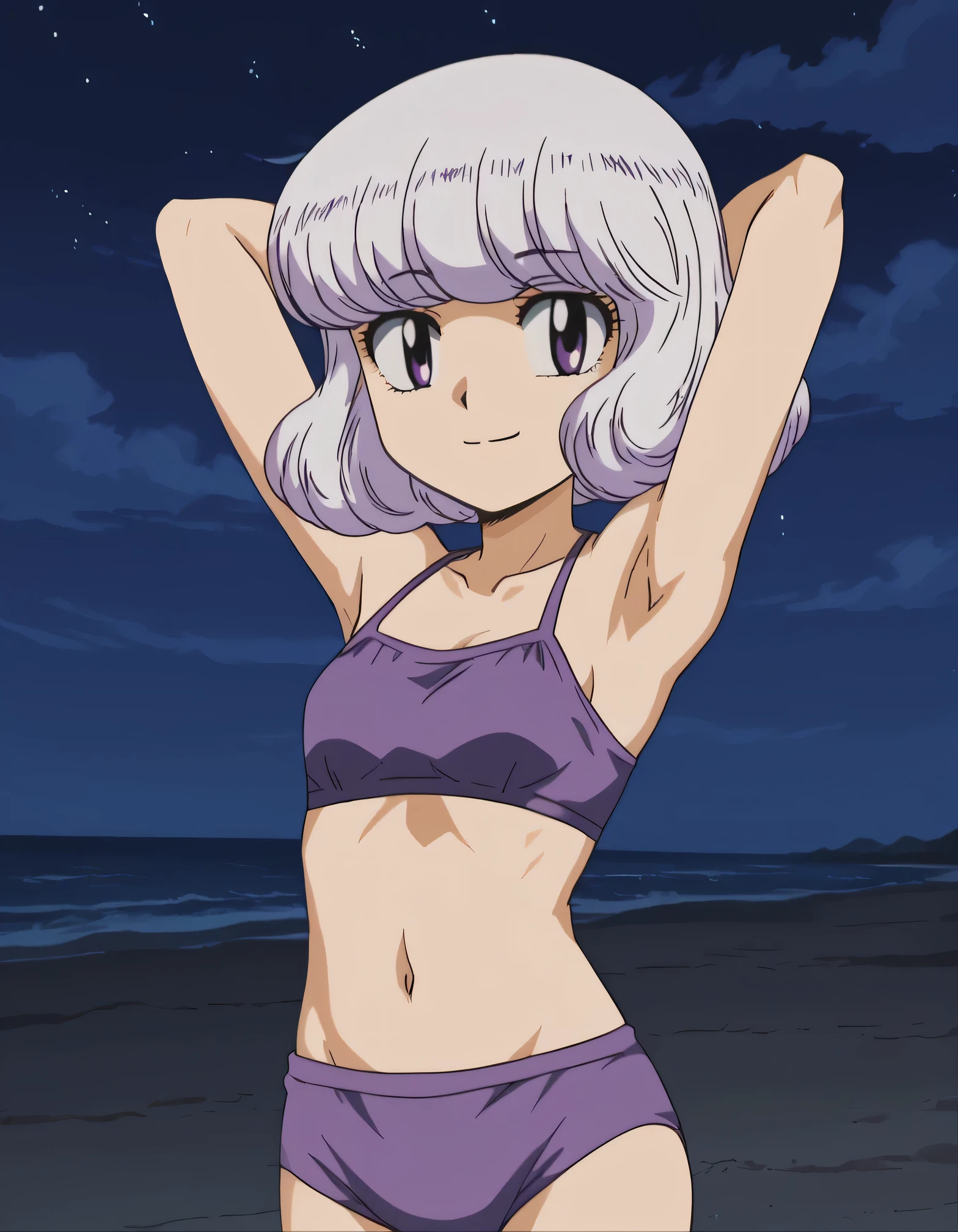 anime screencap, flat shadows BREAK shiho sannomiya, looking at viewer, closed mouth, solo, night sky, beach, arms behind head, contrapposto, spread armpits, looking at viewer, best quality, smile, (cowboy shot:1.5)