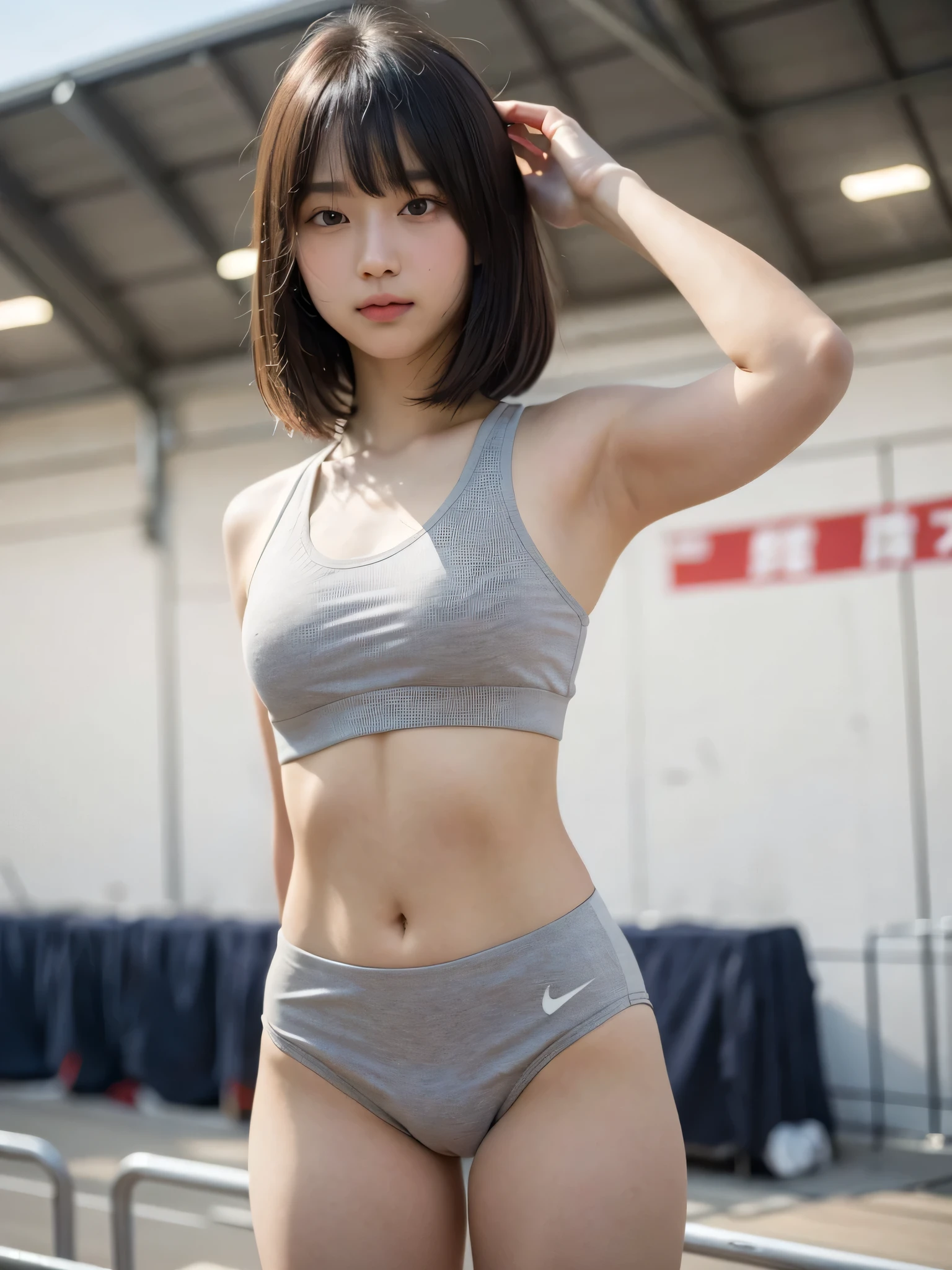 Inside the huge athletics stadium、RAW Photos, ((Portrait of extreme beauty))),Girl1 person, whole body、1 person、A beautiful Japanese girl aged 12 years, (Shiny bright natural black and brown medium length hair)), [Brown eyes], Silky fine hair, Short hair to the shoulders、Straight hair, eyeliner, bangs, Hair between the eyes, Fluttering Hair, A small smile, ((masterpiece, 最high quality, Very detailed, Film Light, Intricate details, High resolution , 8k, Very detailed)), Detailed Background, 8K Ultra HD, Digital single-lens reflex camera, Soft Light, high quality, Film Grain, Fujifilm XT3, Natural light, (Perfect hands), Perfect pretty face, Big eyes、double eyelid、Very detailed face、1 person、Junior high school girl,(()),1 person、Track and field athlete、Junior Olympian、 Slim figure、Height 150cm、ponytail,Light chocolate colored skin、Cloudy、Inside the huge athletics stadium、Near the starting line of the stadium、Walk to the starting line、(Looking at the audience:1.3),(walk:1.3),whole body、Very 、Slightly broad and muscular back、Small round ass、Asian body type、Light chocolate colored skin、white small tight sports bra、Abdomen with visible abdominal muscles、small, white, High leg, Tight bloomers、Emphasized protruding nipples、Accentuated camel toe、T-back bloomers digging into her ass、1 person、whole body、Tension before the race、遠くのLooking at the audience、Start preparation pose、Quiet and calm pose、Cool Angle、Anatomically correct body、from the front、A little below、