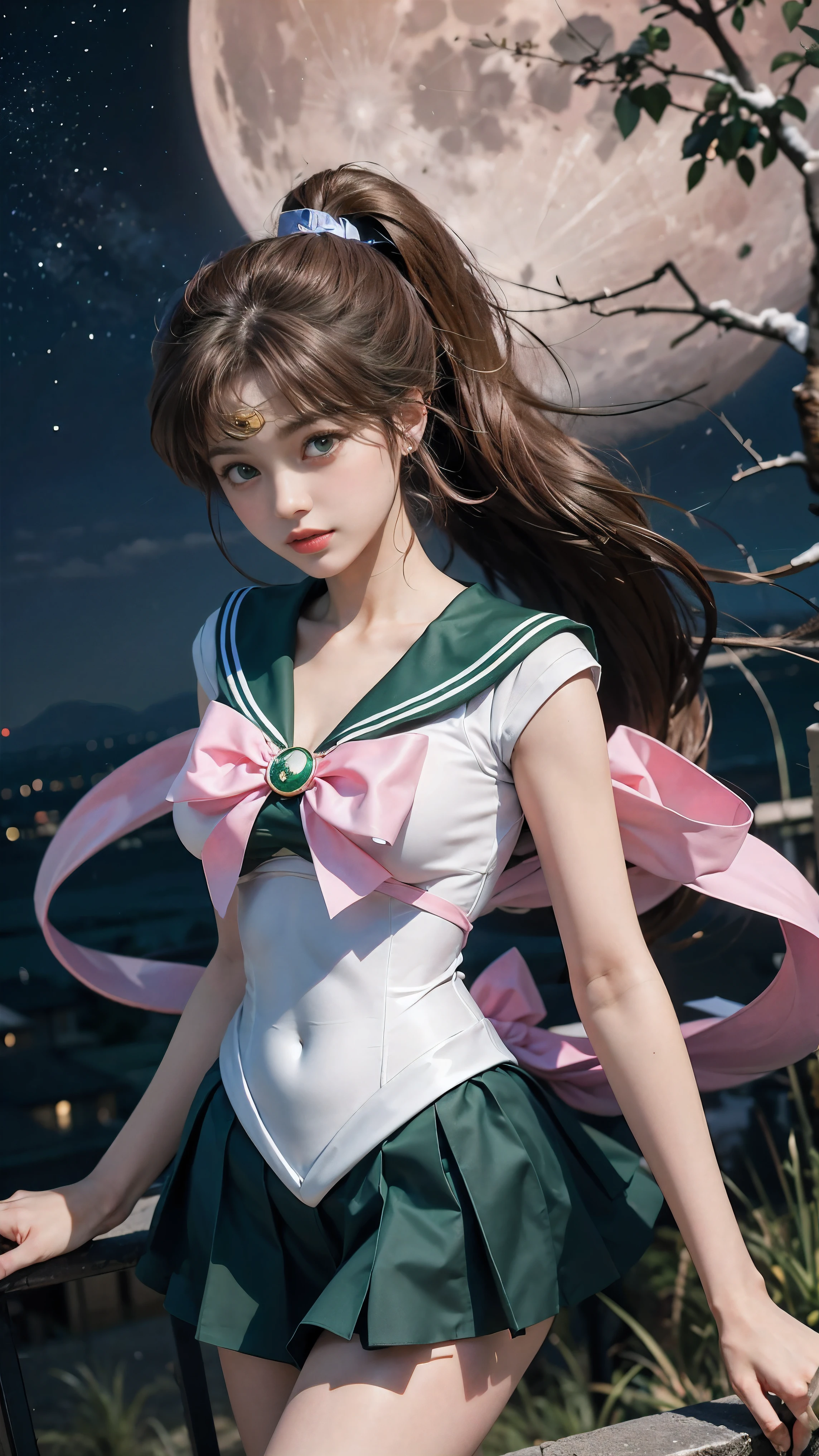 A beautiful young woman with long brown hair in a ponytail, green eyes, and a height of 170cm, sailor moon by the moon, sailor jupiter, pink ribbon on chest, pink ribbon, All ribbons are pink, You can see the scenery from high up, Height is 172, You have a pretty body., I also like exercising, 