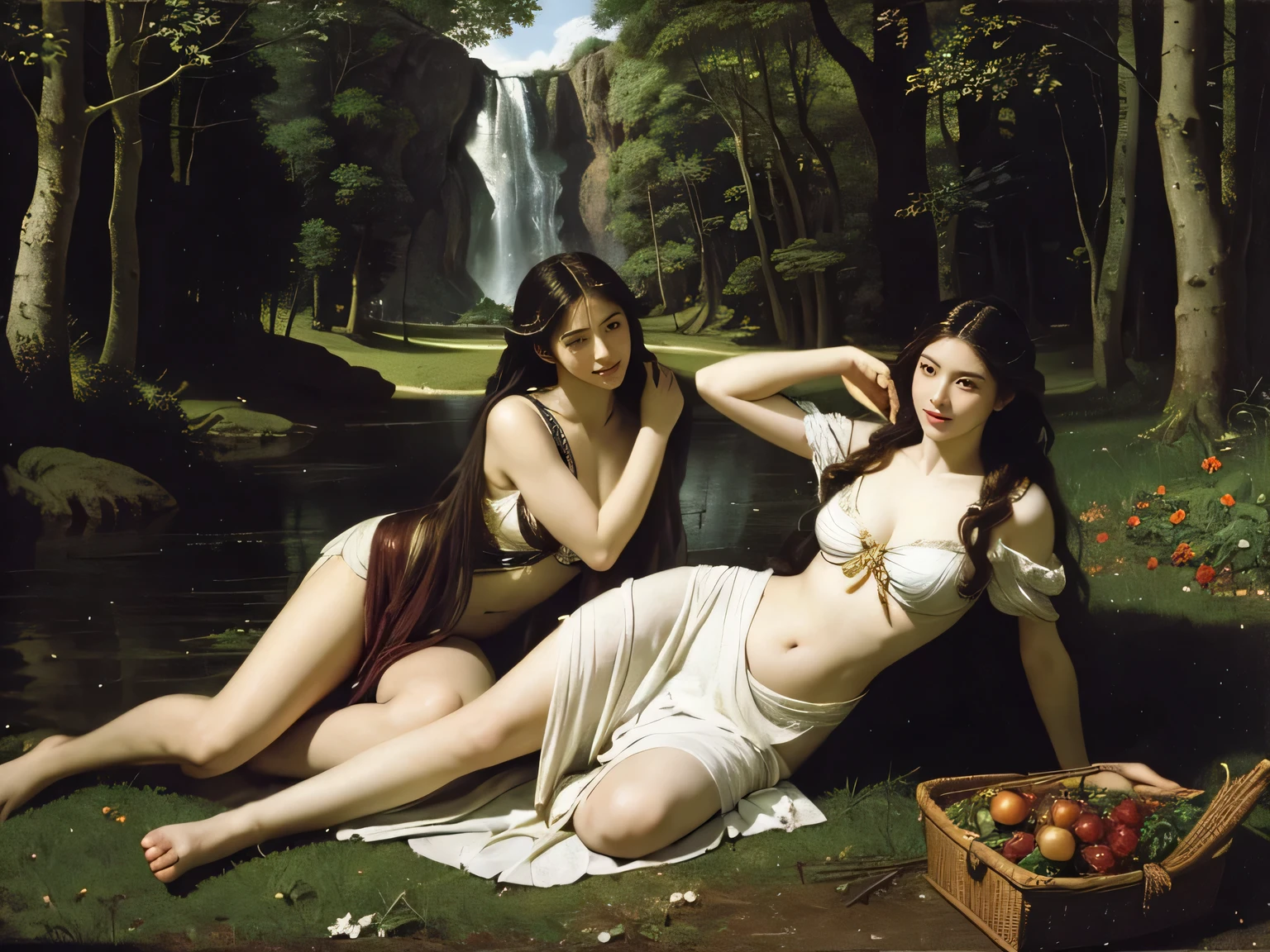 Giorgione painting style,Barbizon forest A beautiful woman in Greek dress smiles on the shore,Sweet and seductive appearance.、Caravaggio's paintings、Chiaroscuro of Caravaggio、hair tousled by the wind,Two women frolicking,cute smile, expression of ecstasy,Sexy,erotic, full body portrait