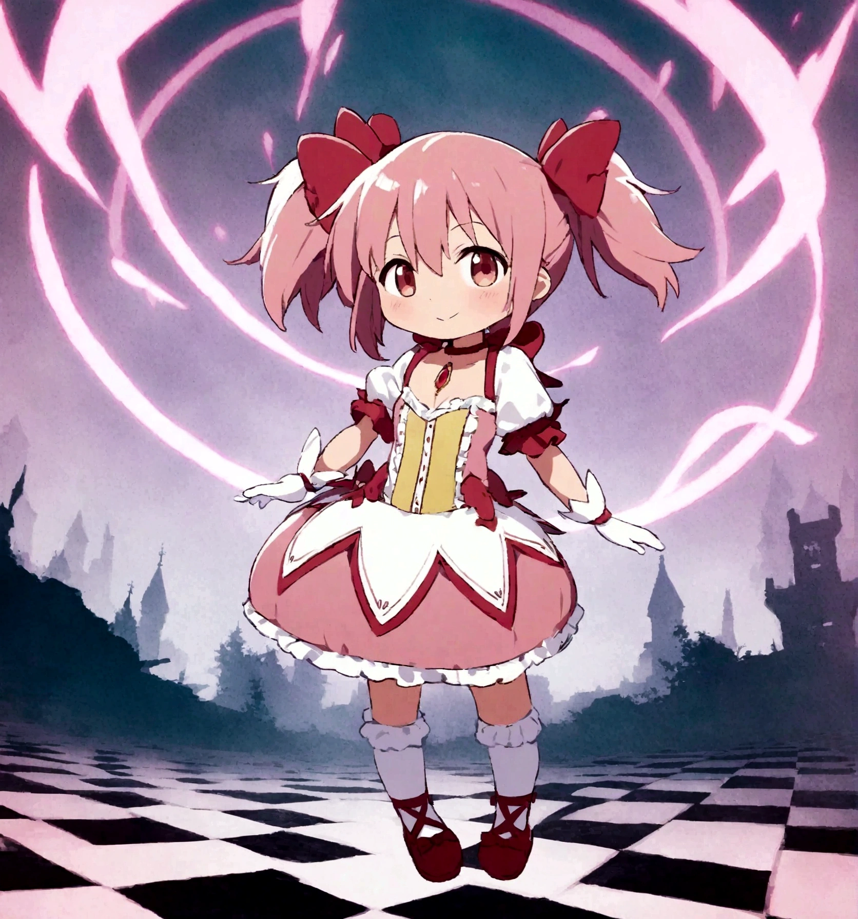 kaname_madoka\(Puella Magi Madoka Magica,magical girl style,pink twin tails hair,pink bows,open shoulder dress with frill,backward ribbon at neck,white grove,red juwel at middle of clavicle\) is standing with confused face in the center lost her way, showing full body to viewer, BREAK ,geometric and chaotic background with messy chaotic gothic shadow puppet castles,(in a very psychedelic nightmare), BREAK ,quality\(8k,wallpaper of extremely detailed CG unit, ​masterpiece,hight resolution,top-quality,top-quality real texture skin,hyper realisitic,increase the resolution,RAW photos,best qualtiy,highly detailed,the wallpaper,cinematic lighting,ray trace,golden ratio\),(long shot),wide shot,landscape,blured background,(art by Maurits Escher:1.3)