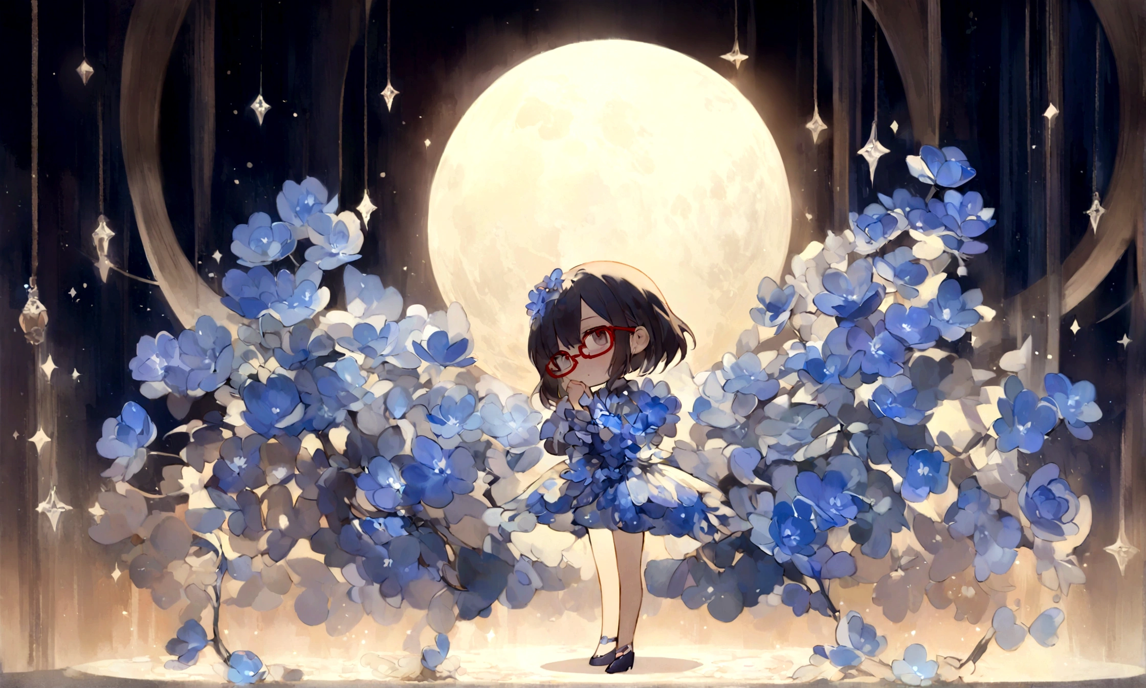 a sad looking chibi female wearing a blue floral outfit, wearing glasses, has a short, in the moonlight dancing, beautiful, perfect looking, standing on a miniature moon
