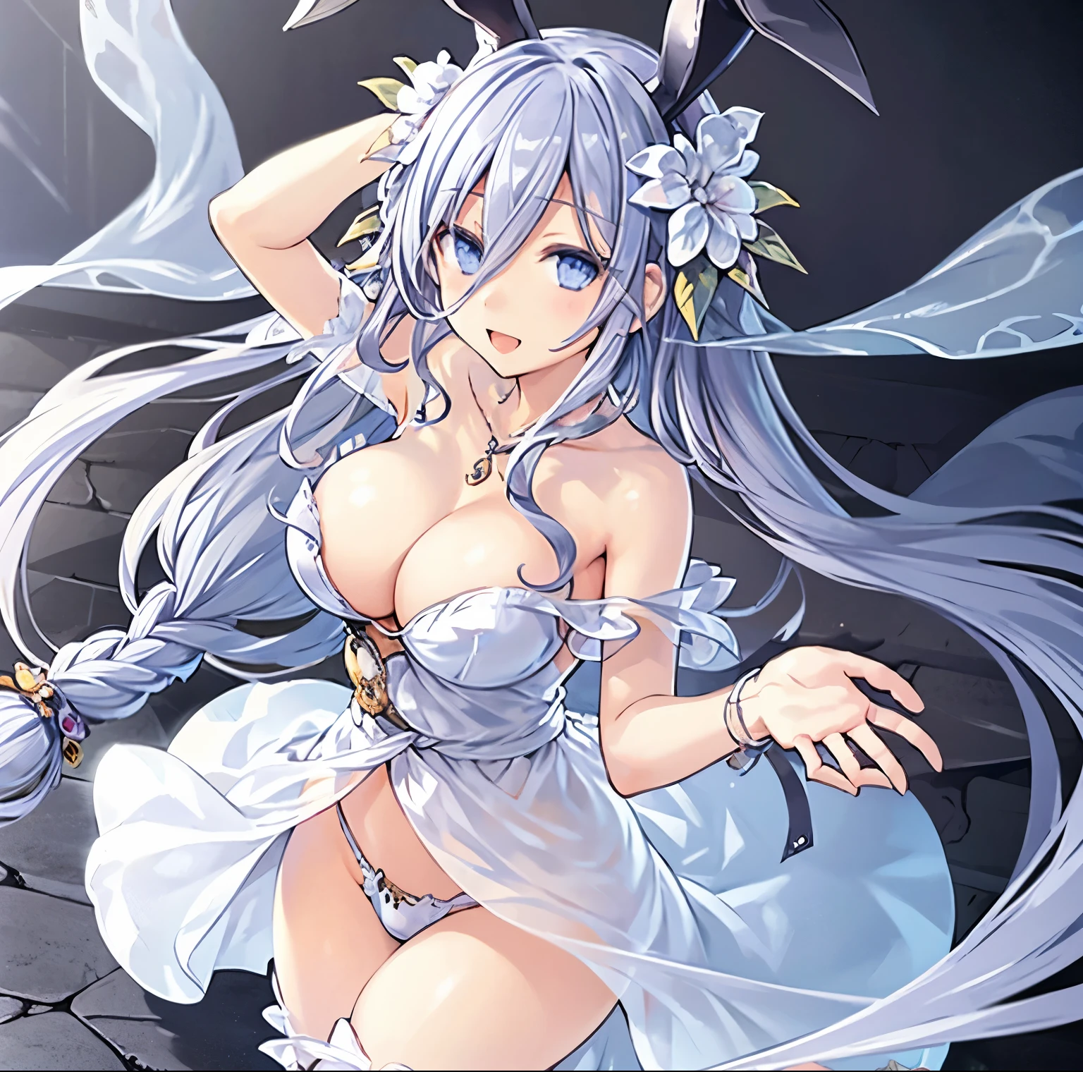 1 girl, alone, mio takamiya, ((masterpiece)), (best quality), official art, extremely delicate and beautiful, detailed, ultra detailed, beautiful detailed eyes, detailed face, standing, interior, room, bedroom , cowboy photo, looking at viewer, looking down, from behind, focus on ass, point of view (from below), smile, very long hair, messy hair, silver hair, hair ornament, two flowers for the hair, locks, hair between the eyes, blue eyes, jewelry, white playboy bunny outfit, black headband, black bunny ears, black pantyhose, black heels, big breasts, medium waist, wide hips, medium thighs, round butt, hand on the waist, perfect anatomy perfect hands