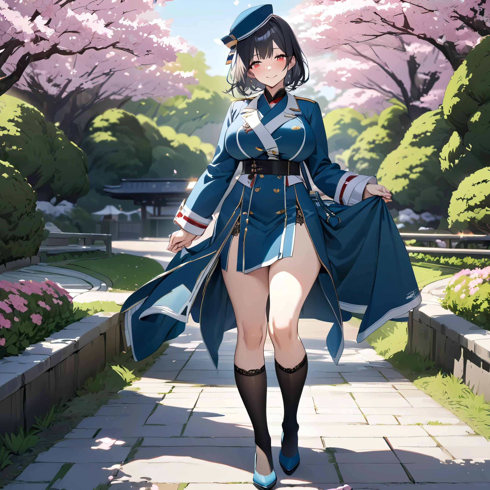 A woman wearing oil blue military uniform, short black hair, red eyes, long black socks, blue heels, blue hat, smiling, big breasts, walking on a concrete sidewalk of a traditional Japanese garden, with sakura trees(solo woman),flower, UHD, masterpiece, accurate, anatomically correct, textured skin, super detail, high quality, best quality, 8k, high resolution, bokeh effect.
