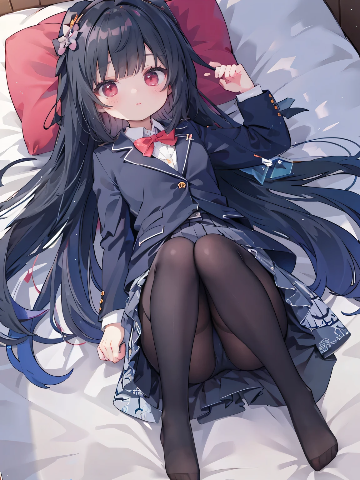 1 Girl，solo，Red eyes，black hair，long hair，pantyhose，skirt，，lying down，，back，Jacket，Uniforms，shirt，looking at the audience，Chest，White shirt，Pleated Skirt，Bow，Thigh pantyhose，Under the pantyhose，Thigh high，Suit，Long sleeve，blush，collared shirt，No shoes，Bangs，Red Bow,