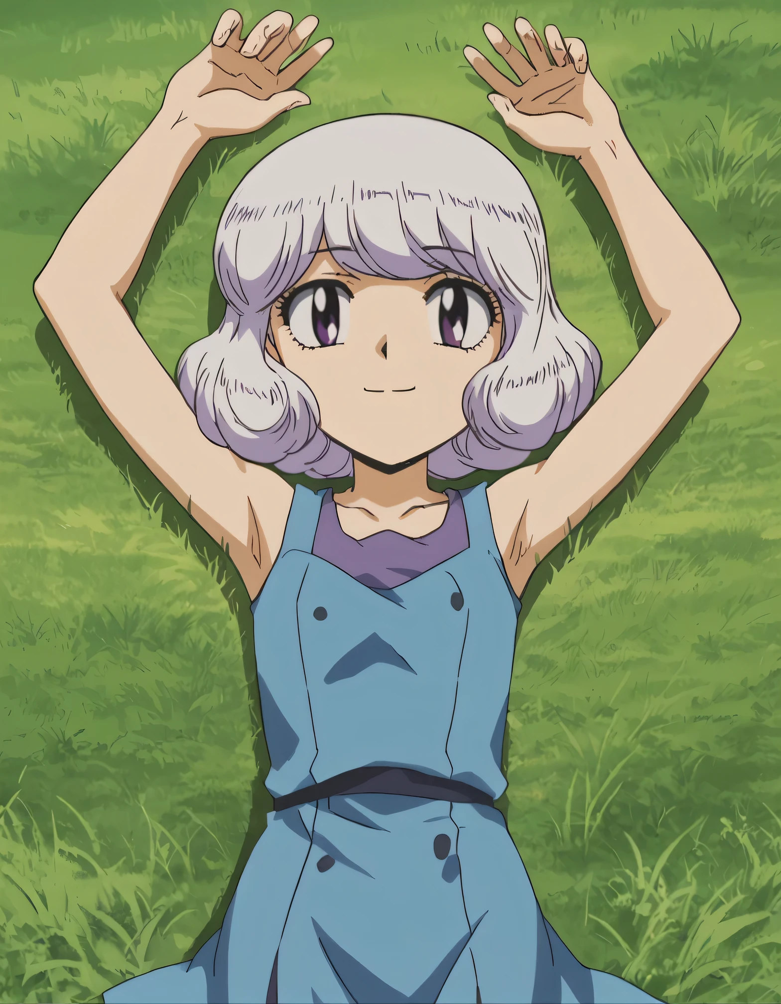 anime screencap, flat shadows BREAK shiho sannomiya, looking at viewer, closed mouth, solo, lying, on back, arms up, spread arms, on grass, looking at viewer, best quality, smile, (cowboy shot:1.5), sleeveless,