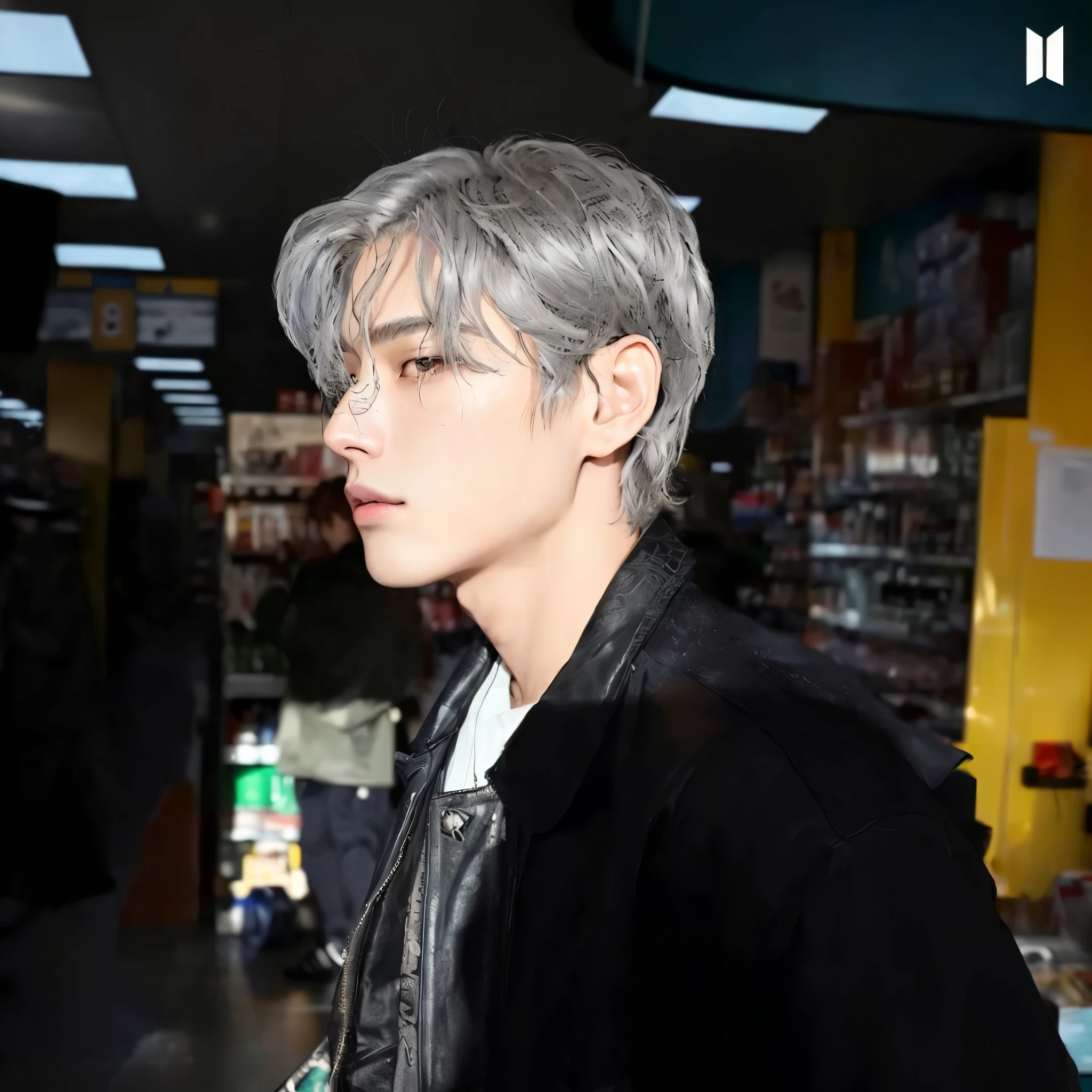 there is a man with a pelo canoso and a black jacket, el tiene pelos gris oscuro, Jung Jaehyun, kim doyoung, usando cabello plateado, algunas canas, xqc, color gris, cai xukun, park Jimin, Jimin, retrato de jossi de blackpink, pelo canoso, taken in the early 2020s, kim taejin