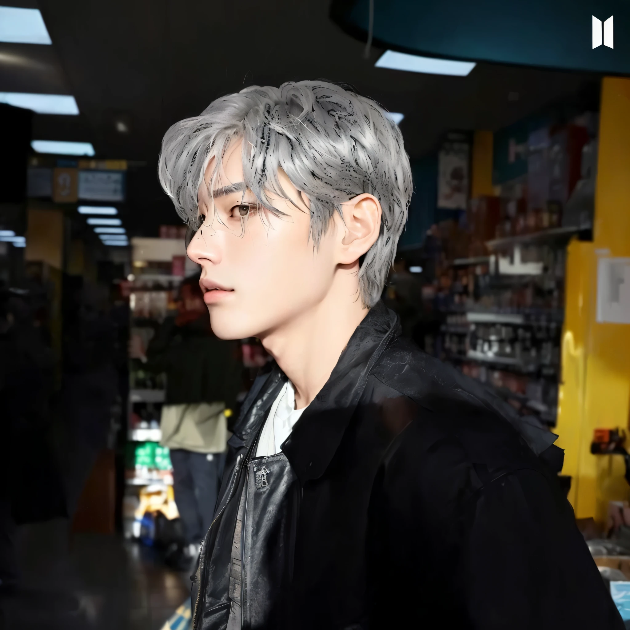 there is a man with a pelo canoso and a black jacket, el tiene pelos gris oscuro, Jung Jaehyun, kim doyoung, usando cabello plateado, algunas canas, xqc, color gris, cai xukun, park Jimin, Jimin, retrato de jossi de blackpink, pelo canoso, taken in the early 2020s, kim taejin