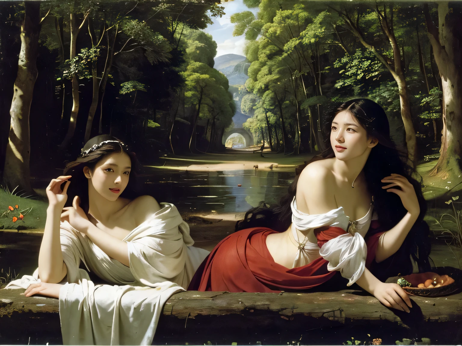 Giorgione painting style,Barbizon forest A beautiful woman in Greek dress smiles on the shore,Sweet and seductive appearance.、Caravaggio's paintings、Chiaroscuro of Caravaggio、hair tousled by the wind,Two women frolicking,cute smile, expression of ecstasy,Sexy,erotic, full body portrait