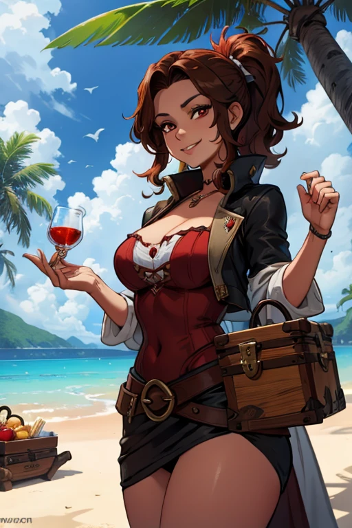 A brown haired woman with red eyes with an hourglass figure in a pirate's outfit is carrying a treasure chest on a tropical island with a big smile